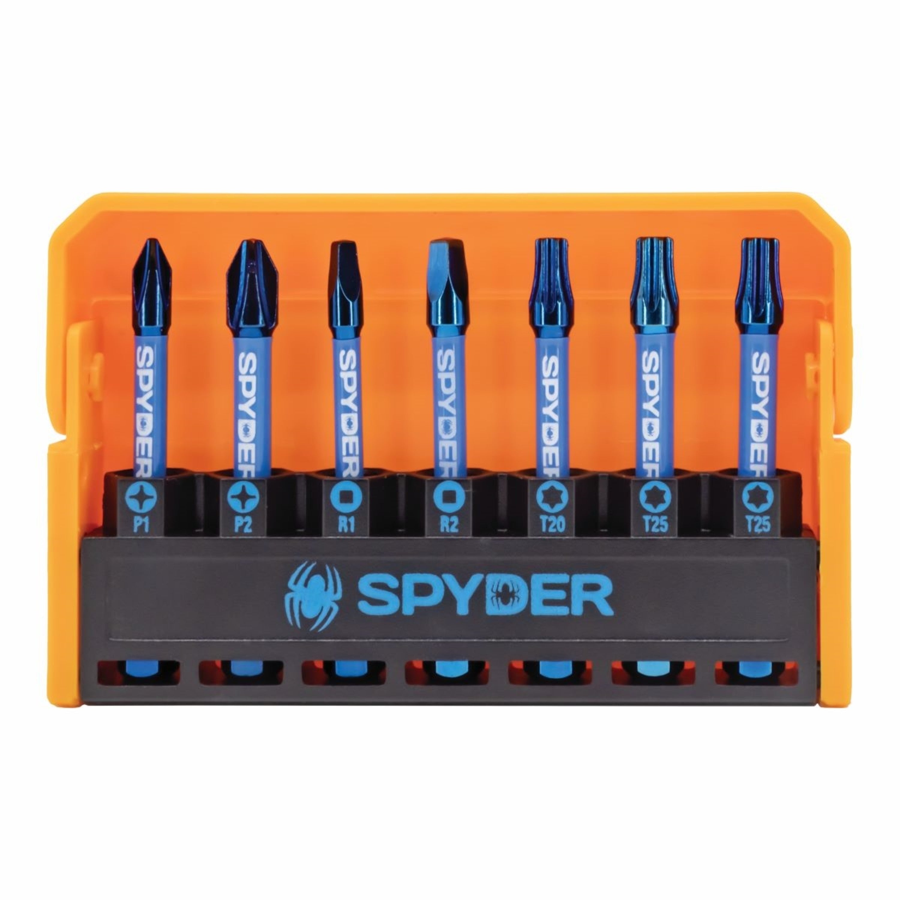 A set of Spyder 19028 impact driver bits in various sizes, displayed in an orange and black carrying case.