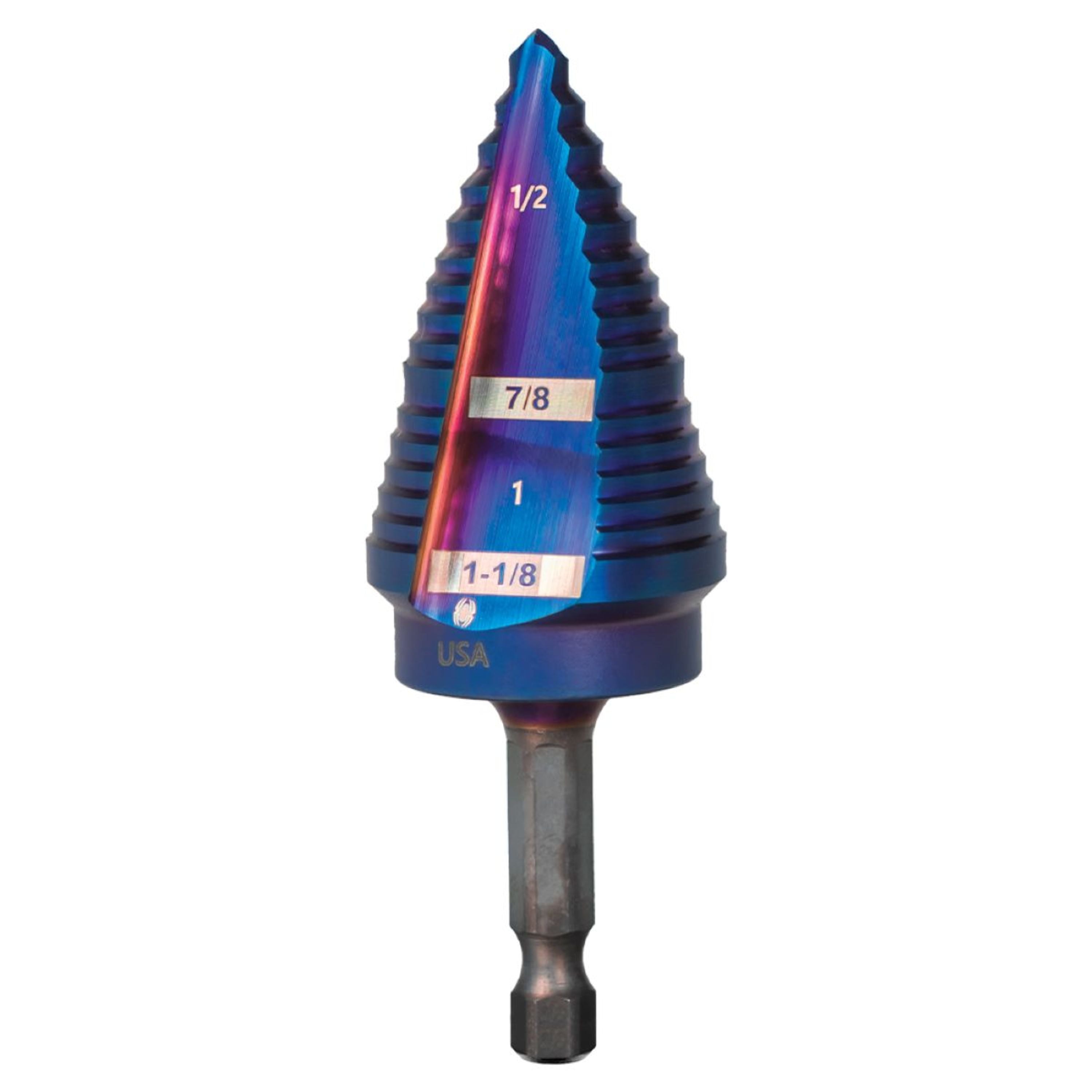 A blue hex shank step drill bit with size indicators from 3/16 to 1-1/8 inches and a red 'USA' marking.