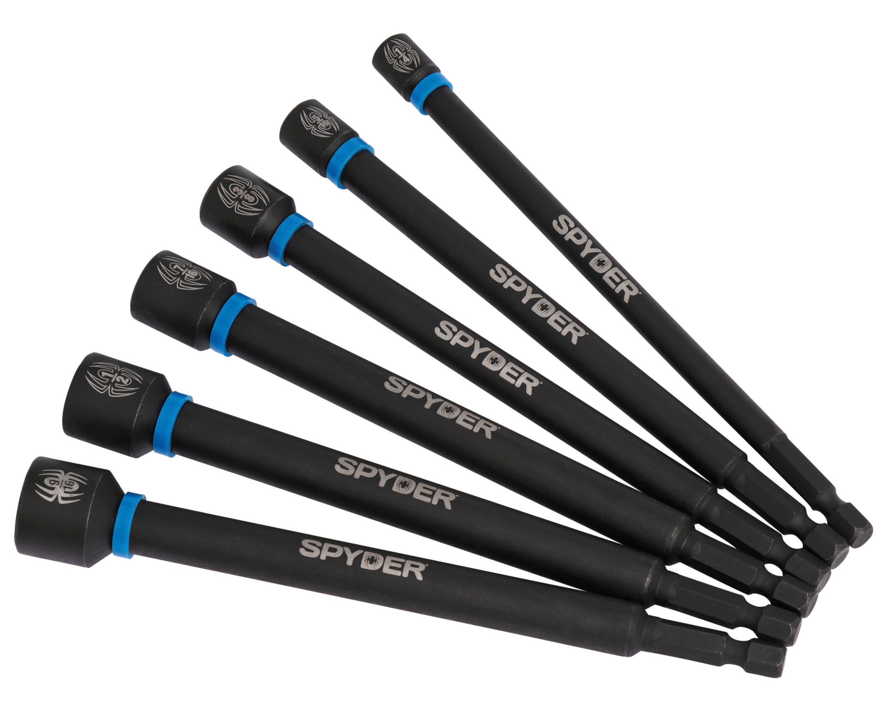 Set of black Spyder 19656 Nut Drivers/Setters with blue accents on a white background