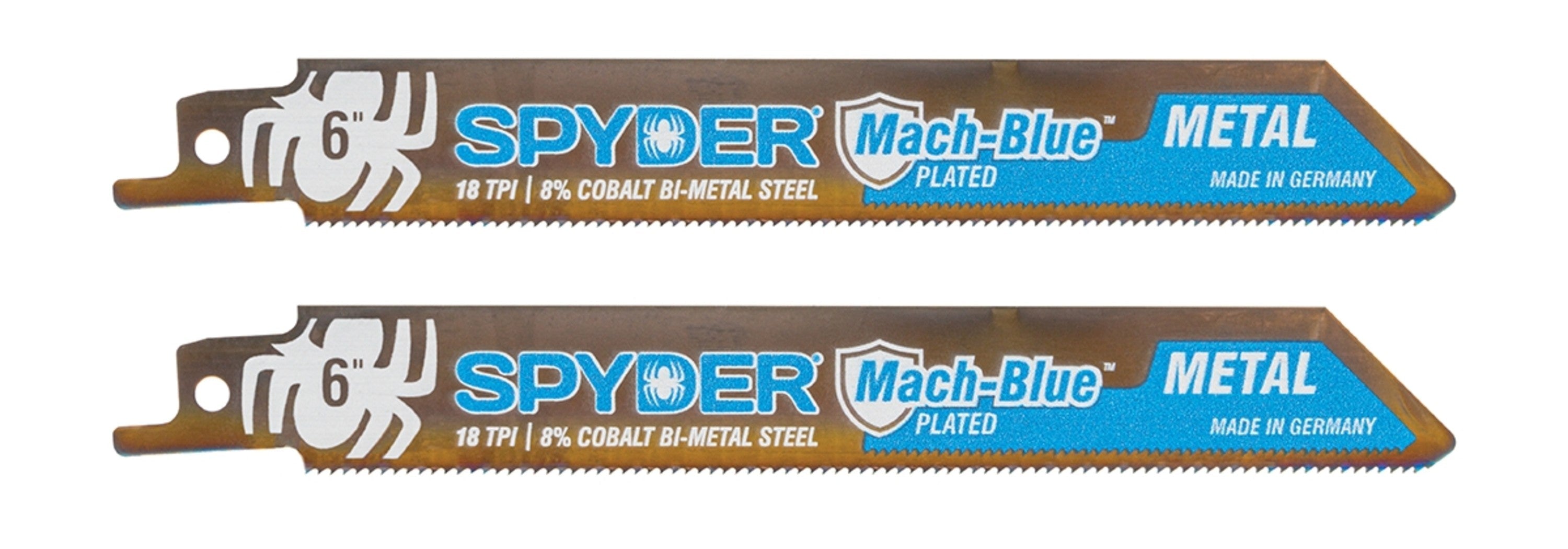 Two reciprocating blades with 'SPYDER Mach-Blue METAL' text and branding, primarily in blue and silver colors.