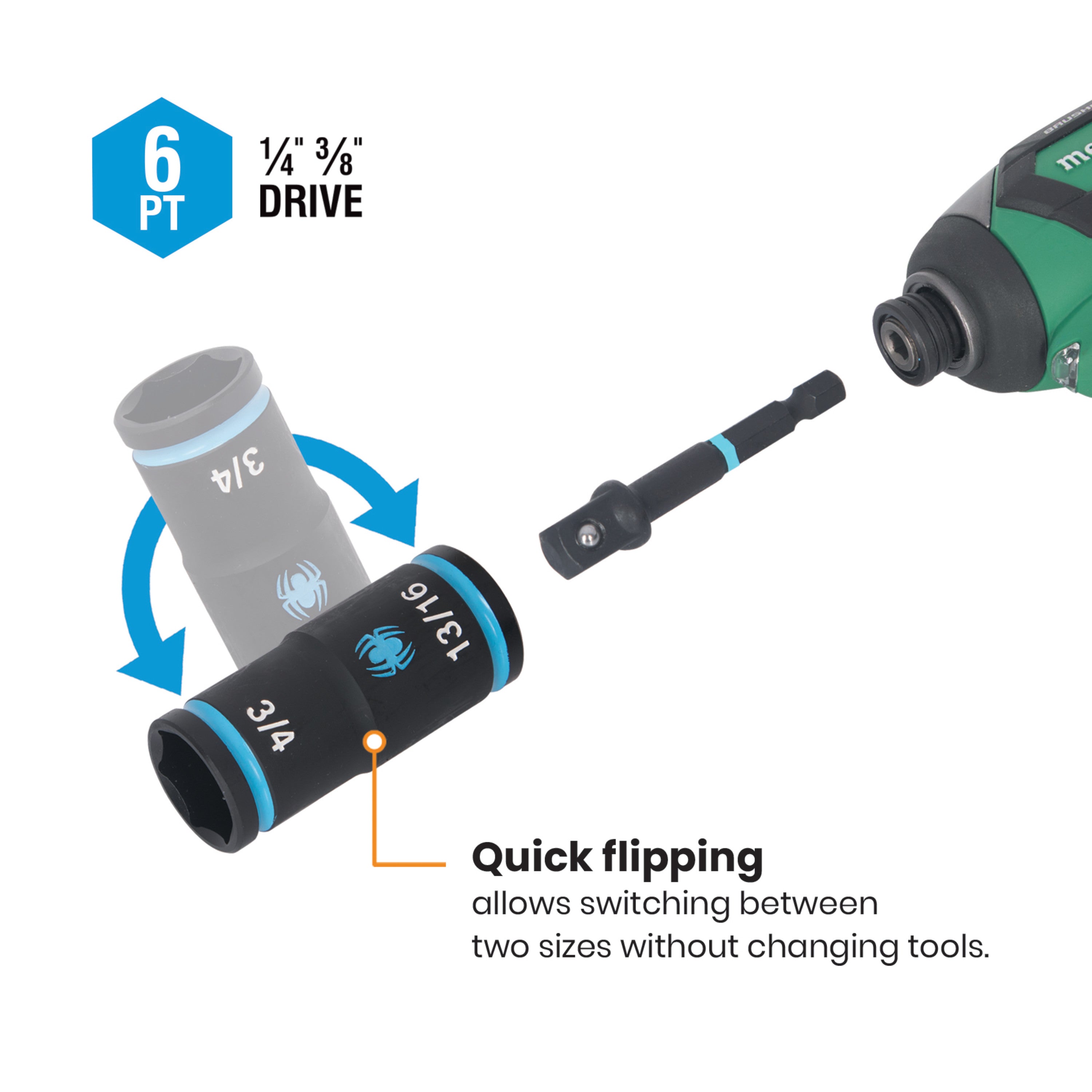 8-Piece 1/4 & 3/8" Drive SAE Flip Socket Set with 3" Impact Extension & 2 Impact Adapters