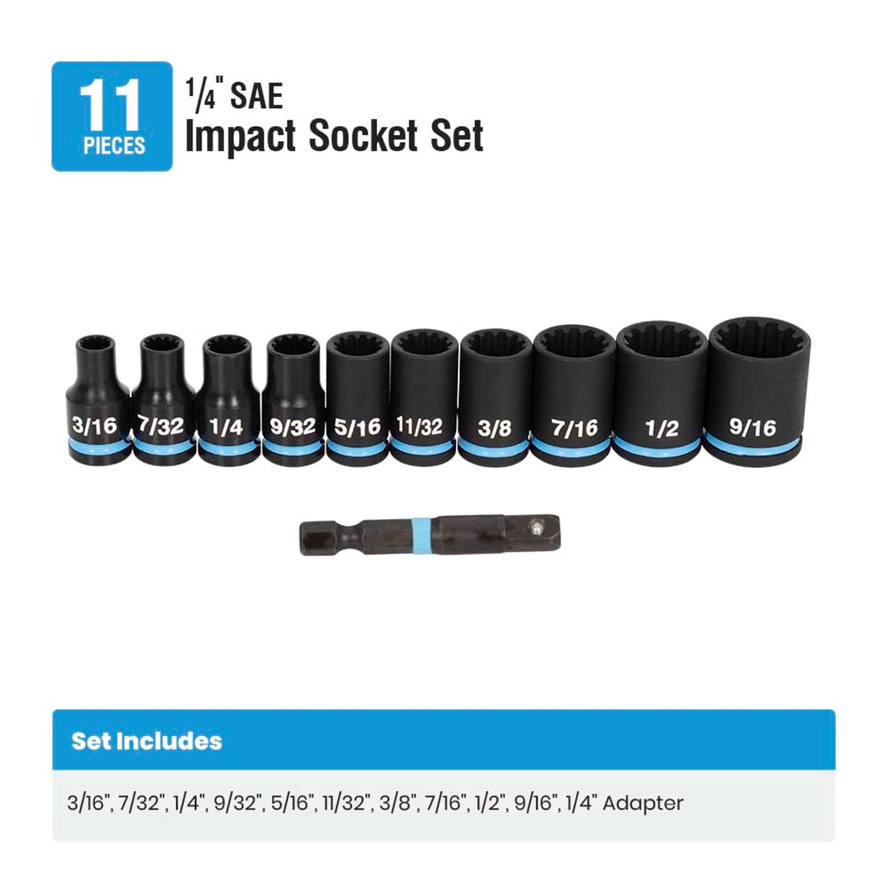 11-Piece 1/4" Drive SAE Shallow Impact Socket Set with Adapter