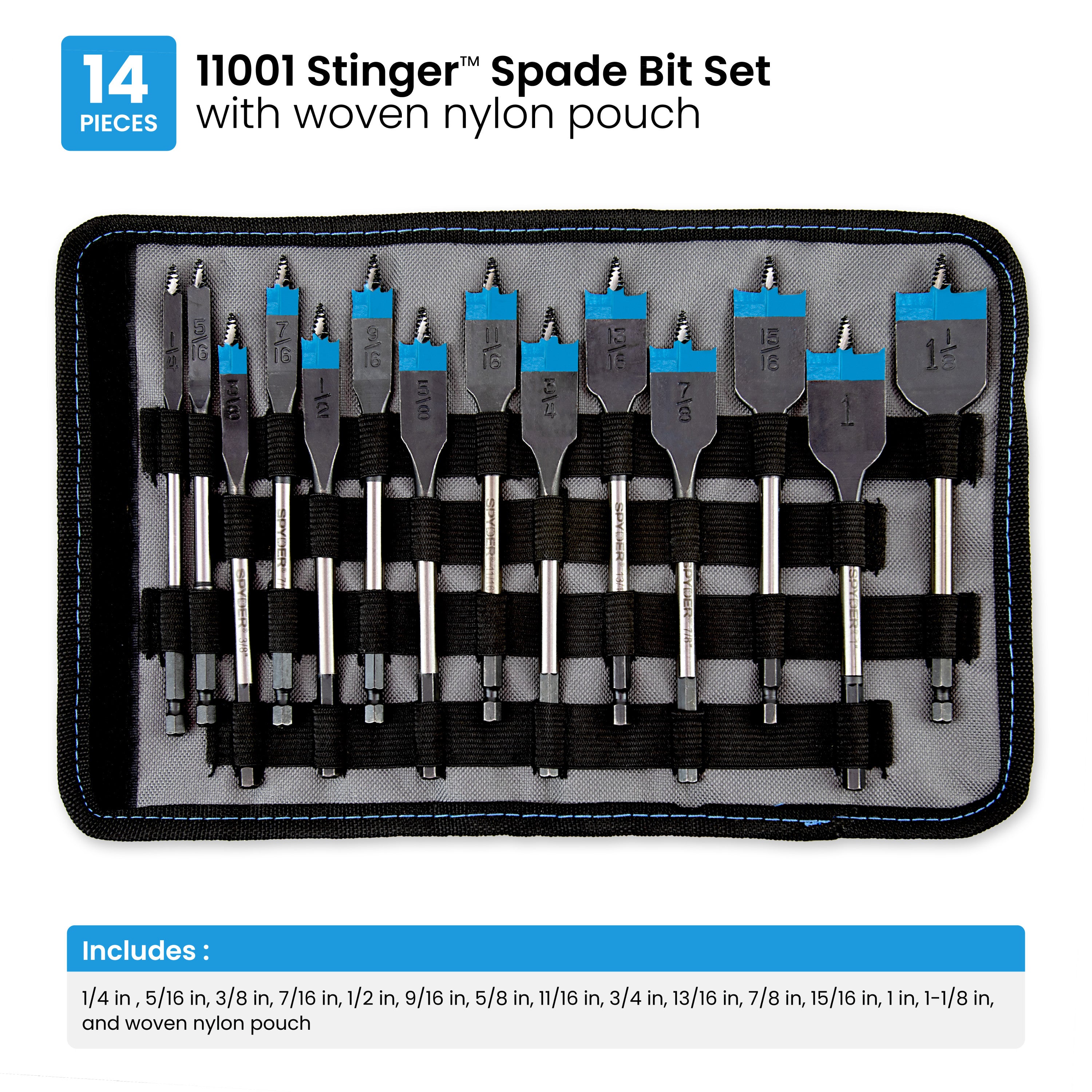 14-Piece Assorted Woodboring Spade Bit Set (1/4, 5/16, 3/8, 7/16, 1/2, 9/16, 5/8, 11/16, 3/4, 13/16, 7/8, 15/16, 1, 1-1/8") Stinger™