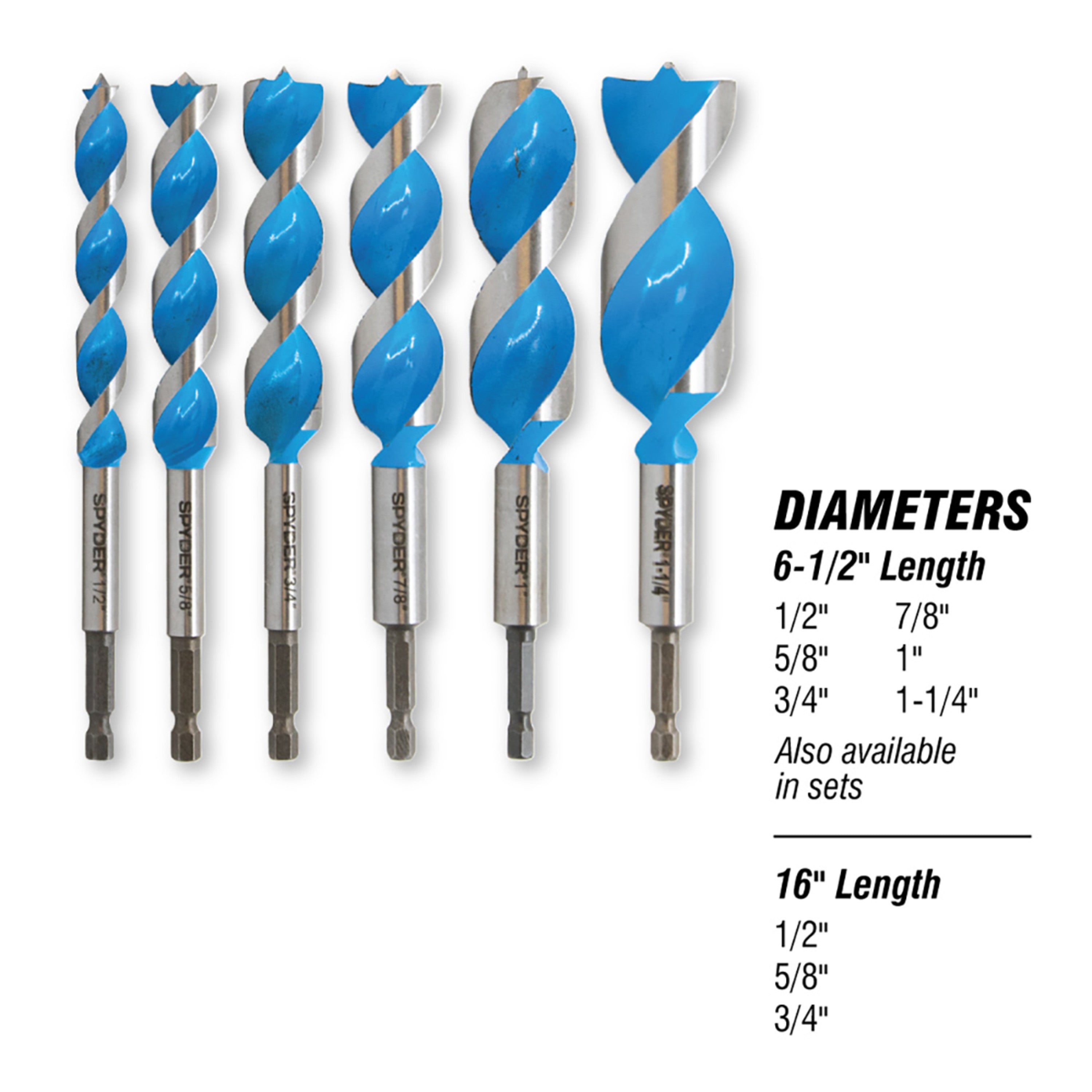 6-Piece Assorted Woodboring Power Bit Set (1/2, 5/8, 3/4, 7/8, 1, 1-1/4") Stinger™