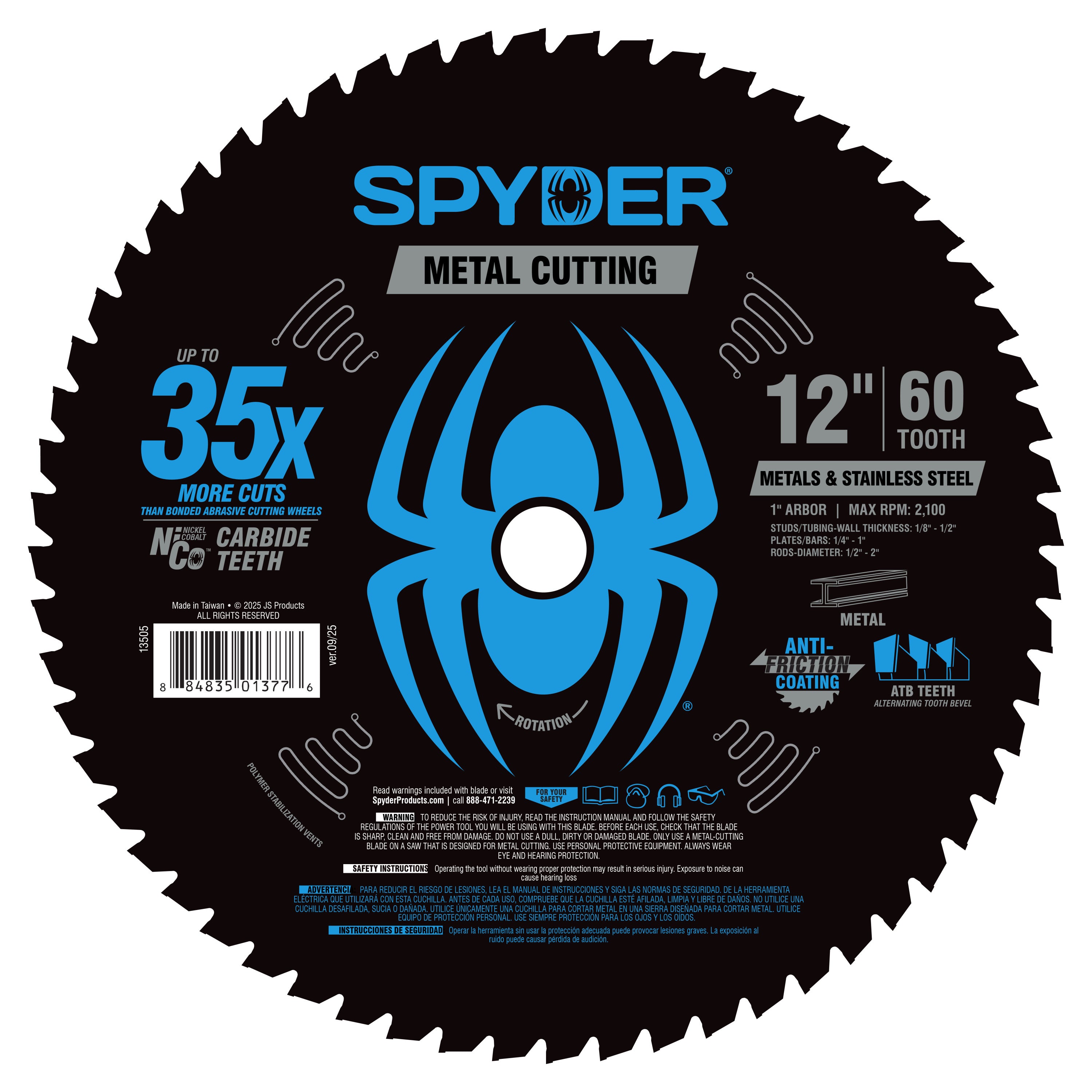 Hoja de sierra circular Tarantula™ de 12" con 60 dientes para cortar acero TCT
