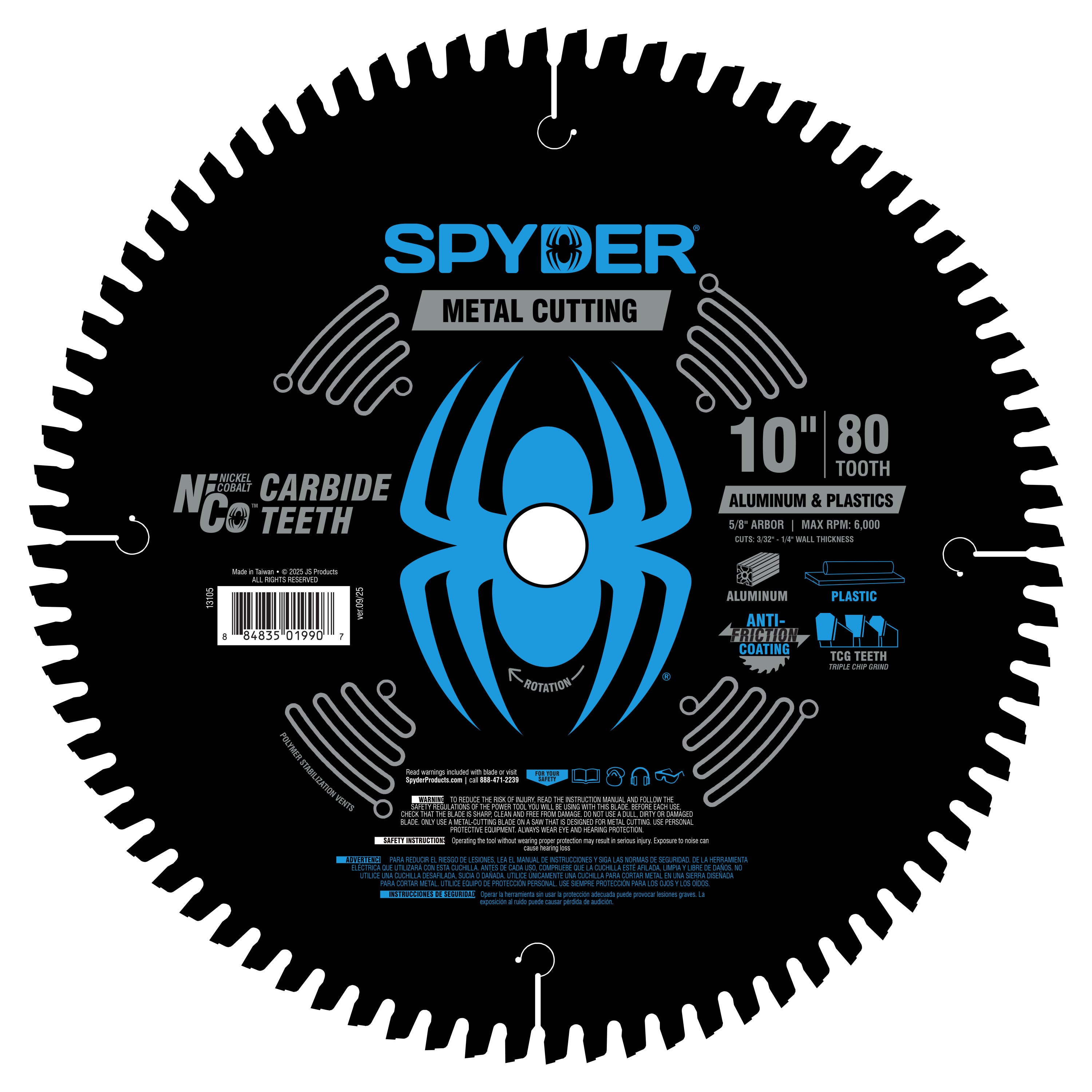Spyder metal cutting circular saw blade with blue spider logo on a white background
