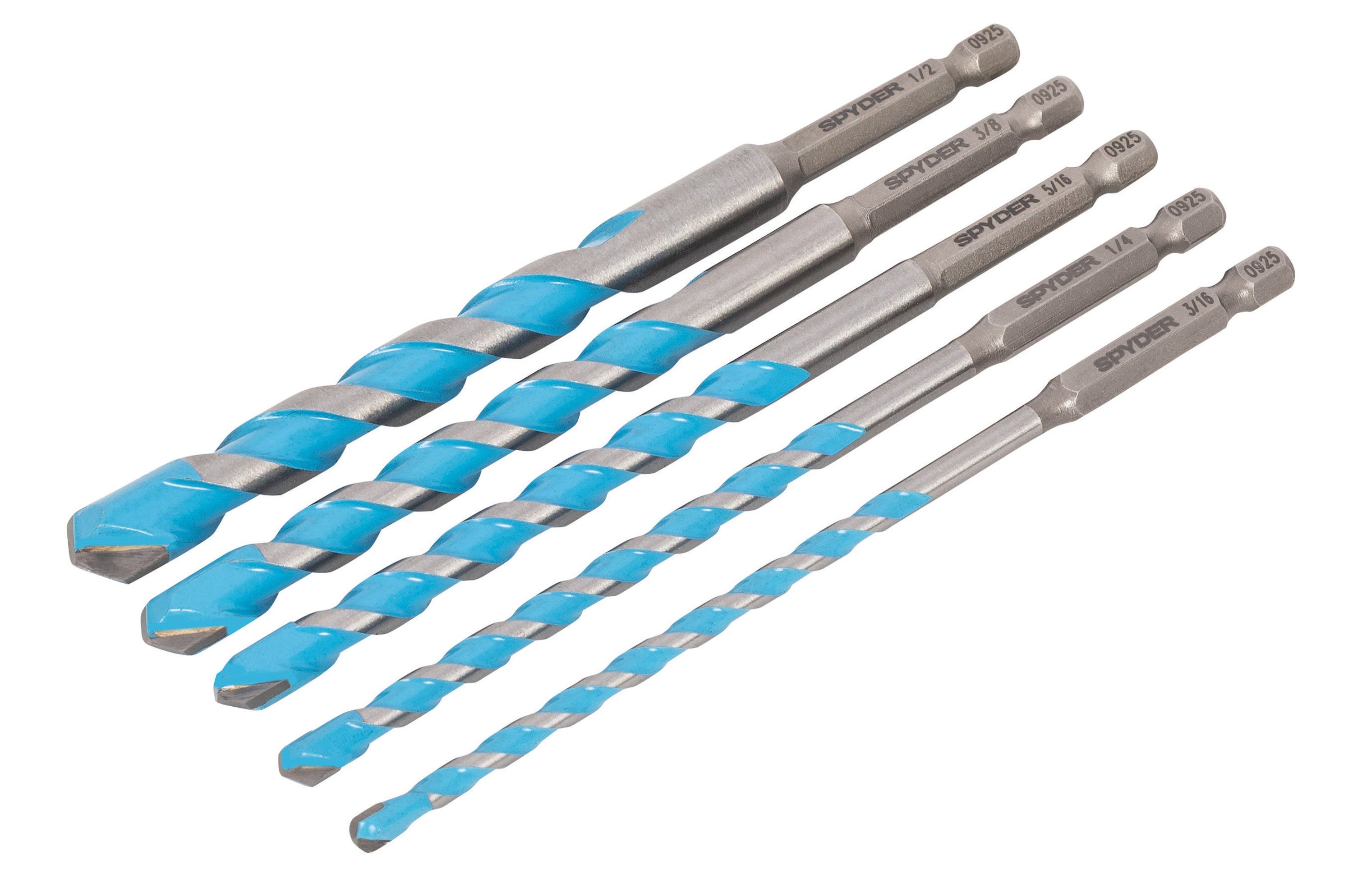 Set of five impact ready masonry drill bits with blue and gray design on a white background