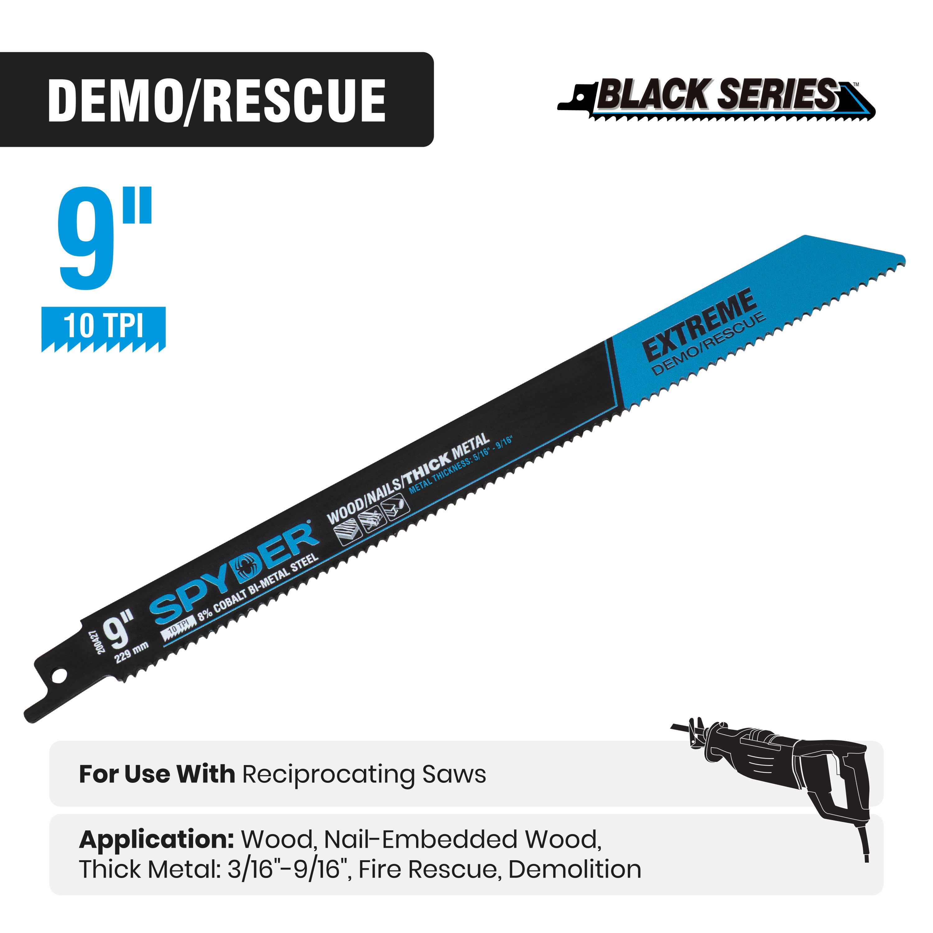 9" 10 TPI Bi-Metal Demolition Fire Rescue Reciprocating Saw Blade Black Series™