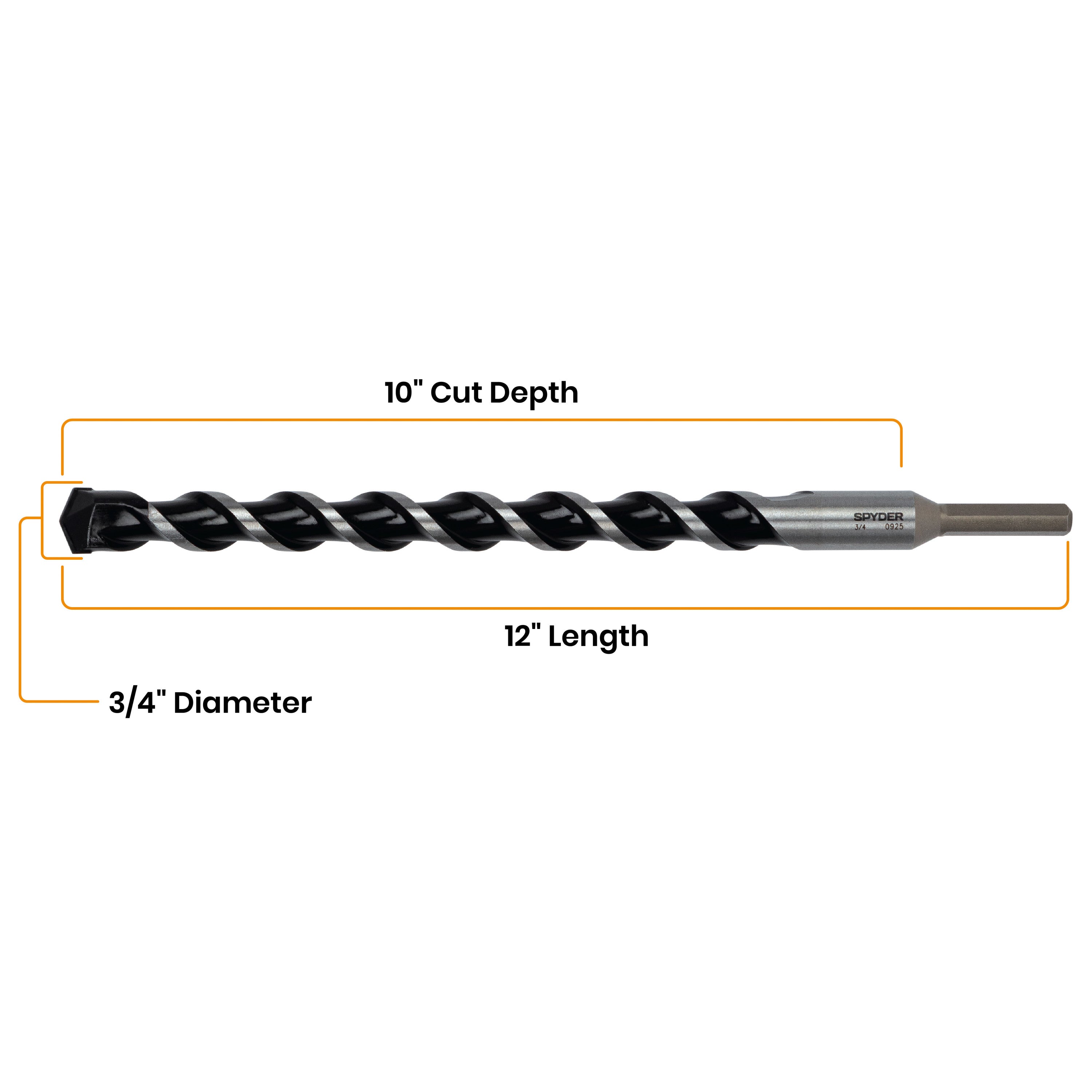 3/4" x 12" Three-Flat Grip Shank Rotary Hammer Drill Bit