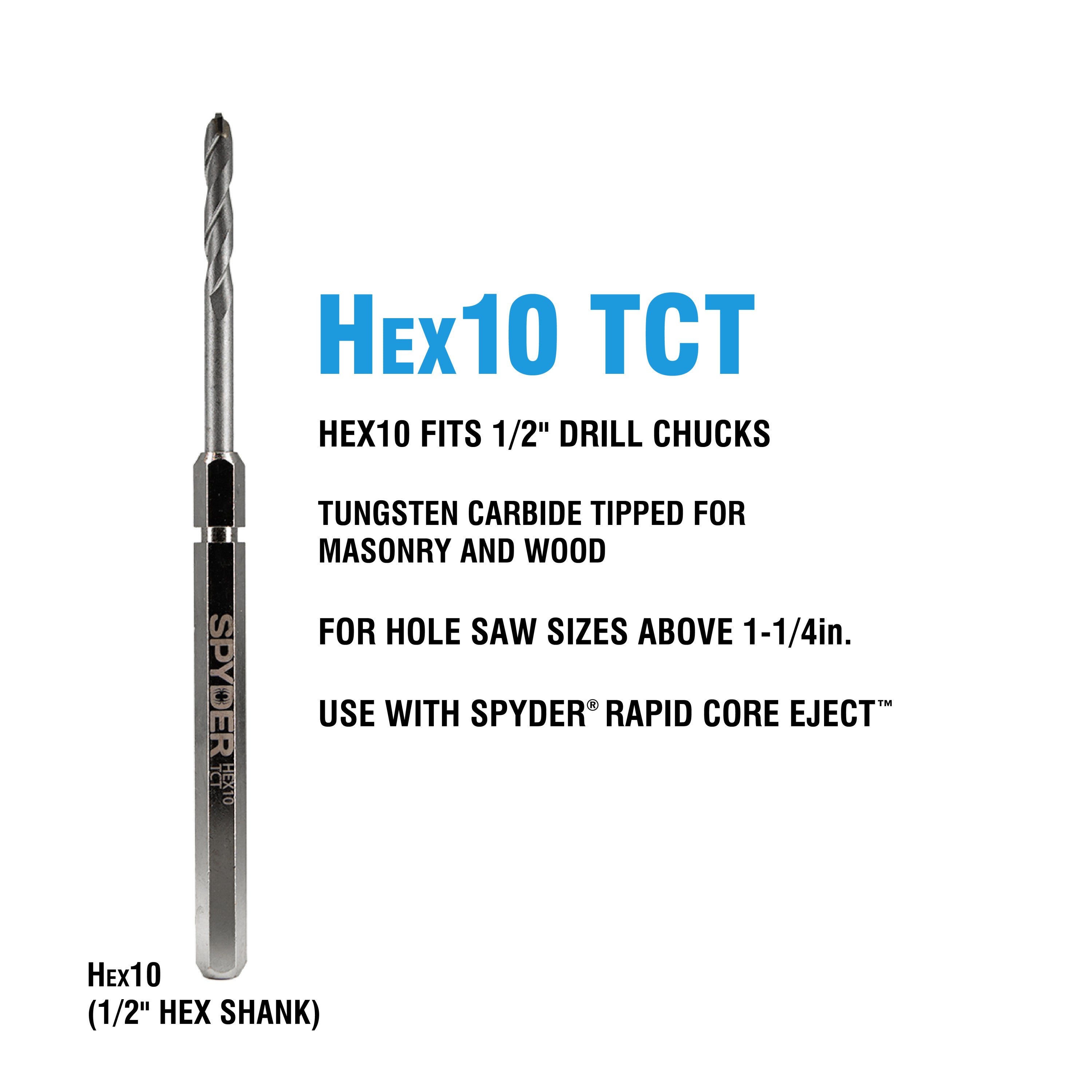 Hex10 1/2" TCT Quick Change Hole Saw Arbor Pilot Bit (10-Pack) Rapid Core Eject™