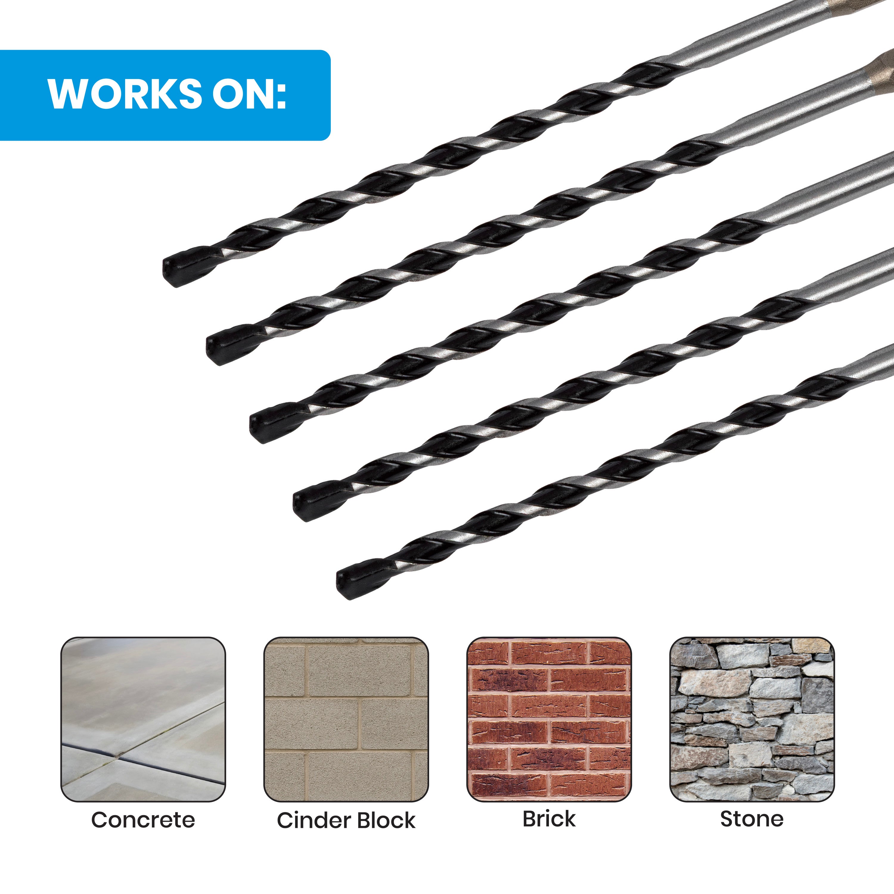 3/16" x 6" Impact Shank Hammer Drill Bit (5-Pack)