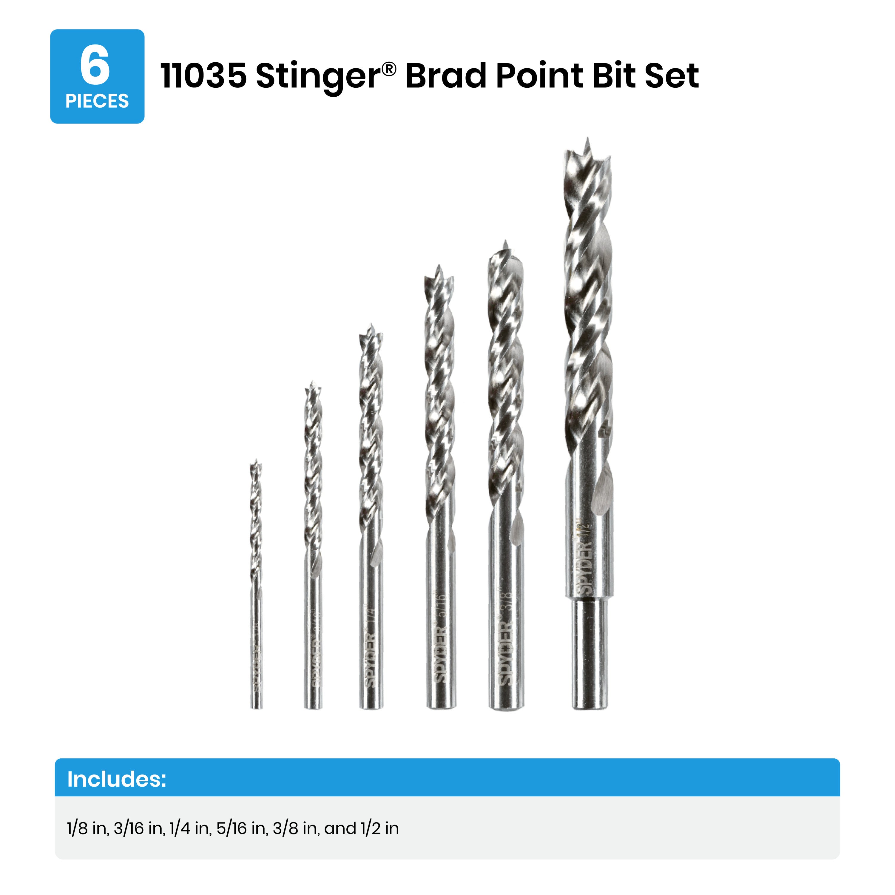 6-Piece Assorted Brad Point High Speed Steel Twist Drill Bit Set (1/8, 3/16, 1/4, 5/16, 3/8, 1/2") Stinger™