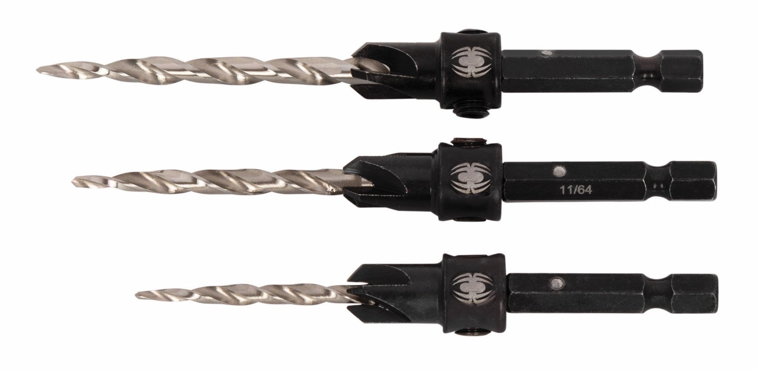 Set of three countersink drill bits with black shanks on a white background