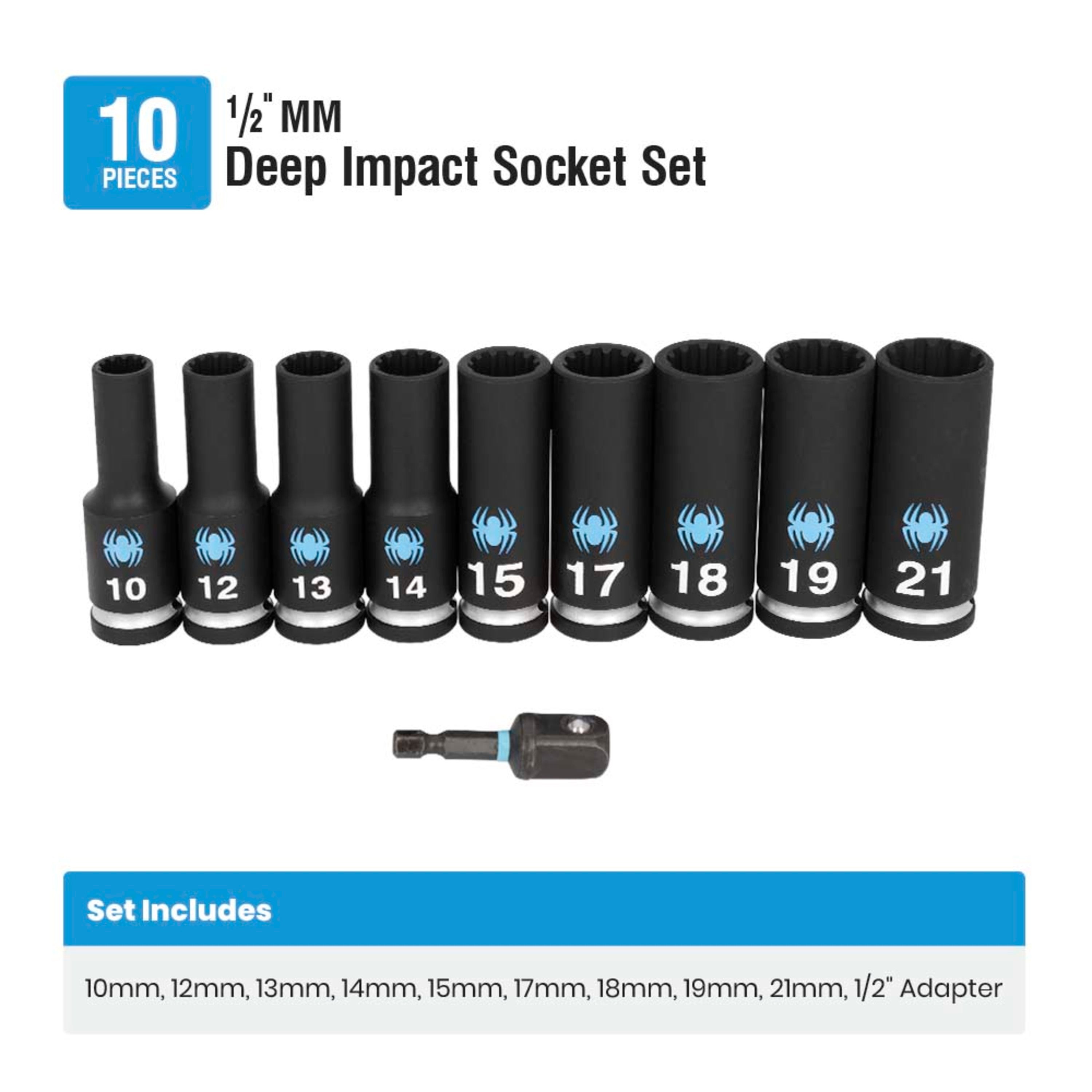 10-Piece 1/2" Drive Metric Deep Impact Socket Set with Adapter