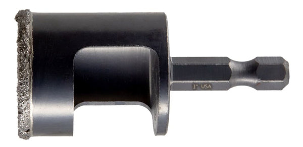 A black diamond edge arbored hole saw bit with a metallic tip.