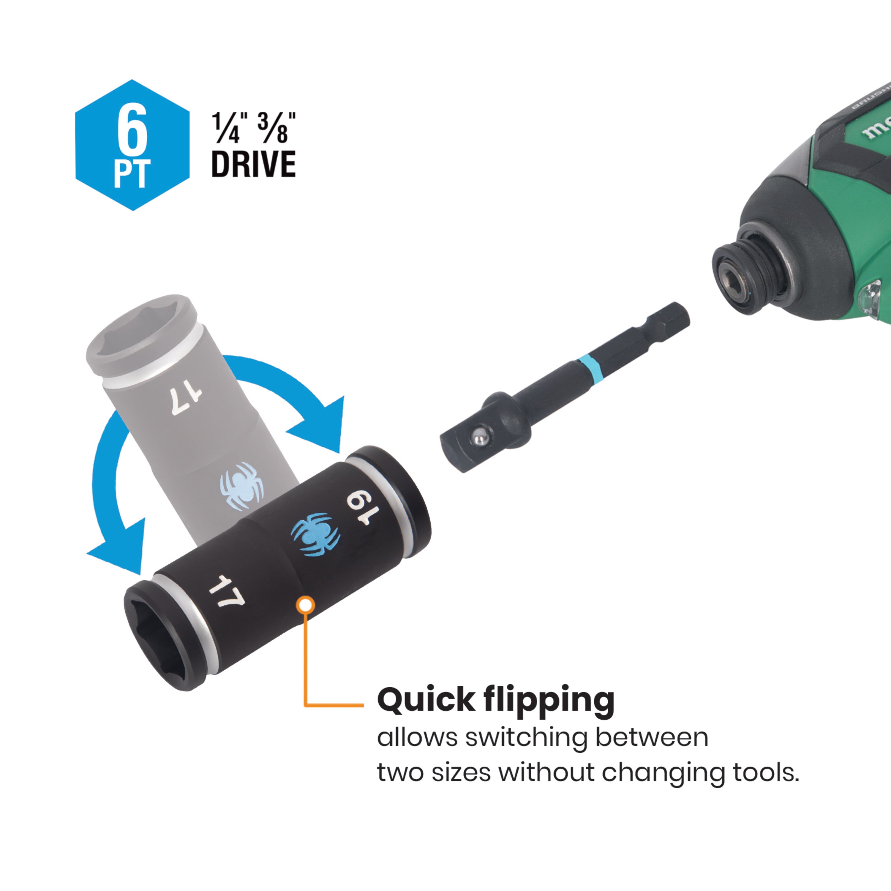8-Piece 1/4 & 3/8" Drive Metric Flip Socket Set with 3" Impact Extension & 2 Impact Adapters