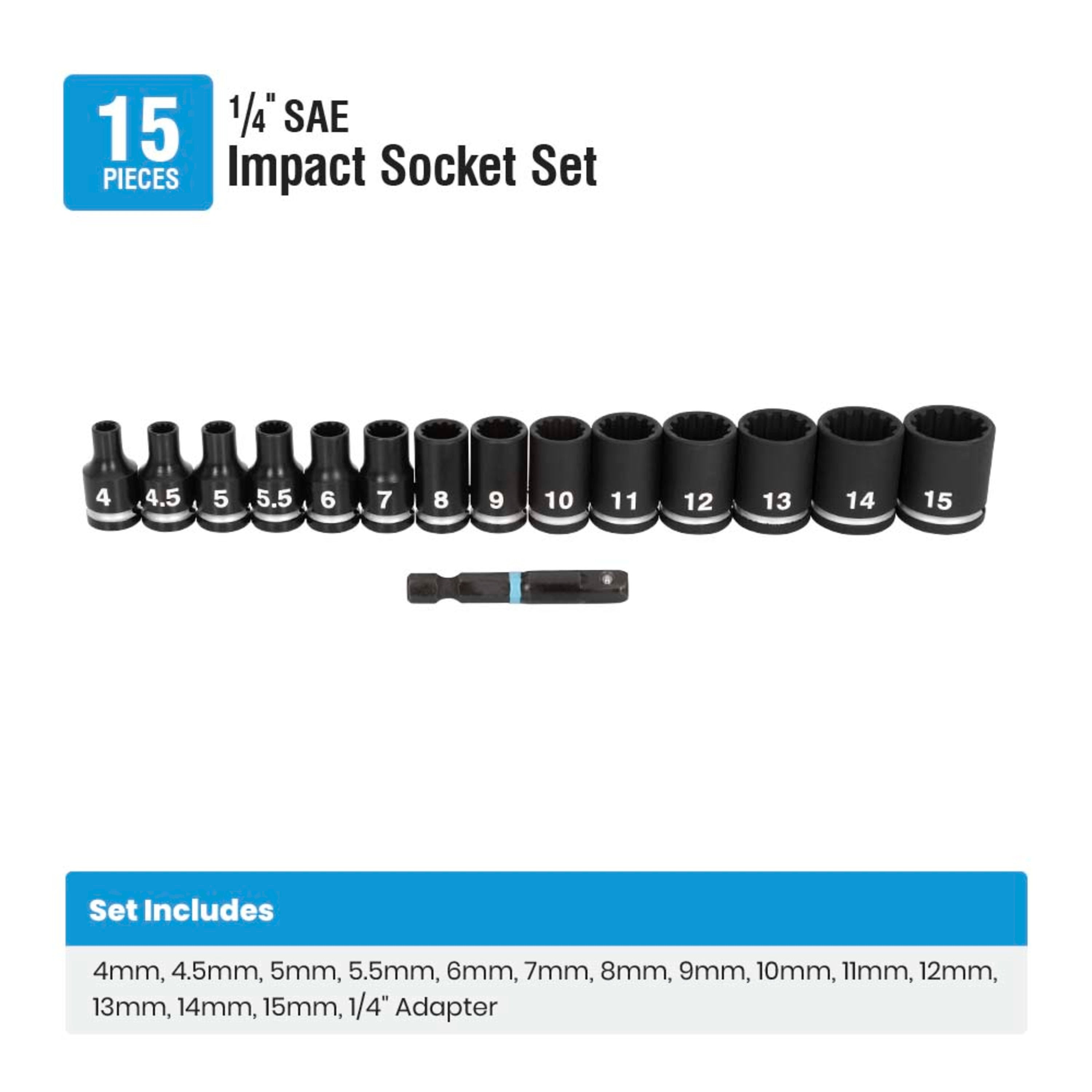15-Piece 1/4" Drive Metric Shallow Impact Socket Set with Adapter