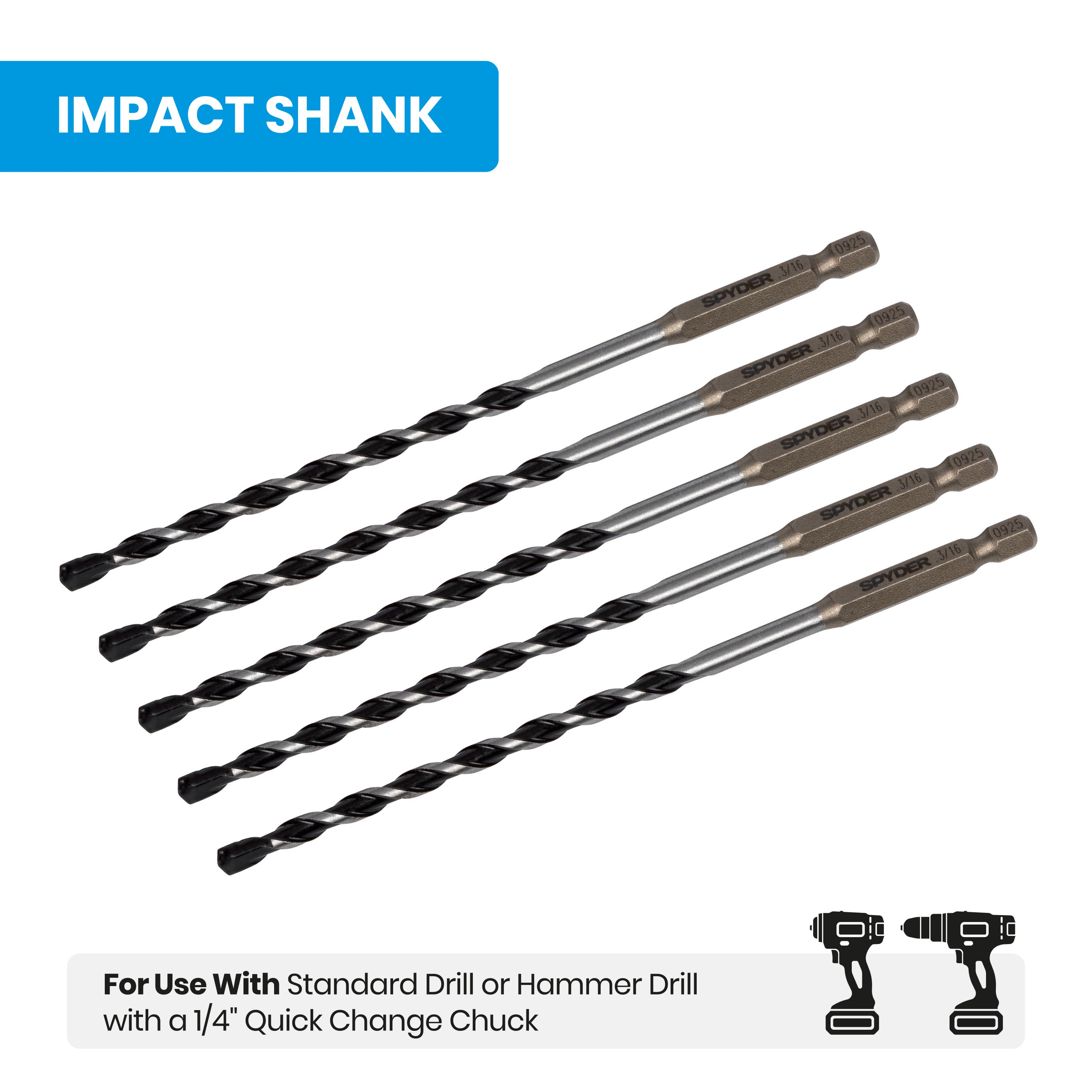 3/16" x 6" Impact Shank Hammer Drill Bit (5-Pack)