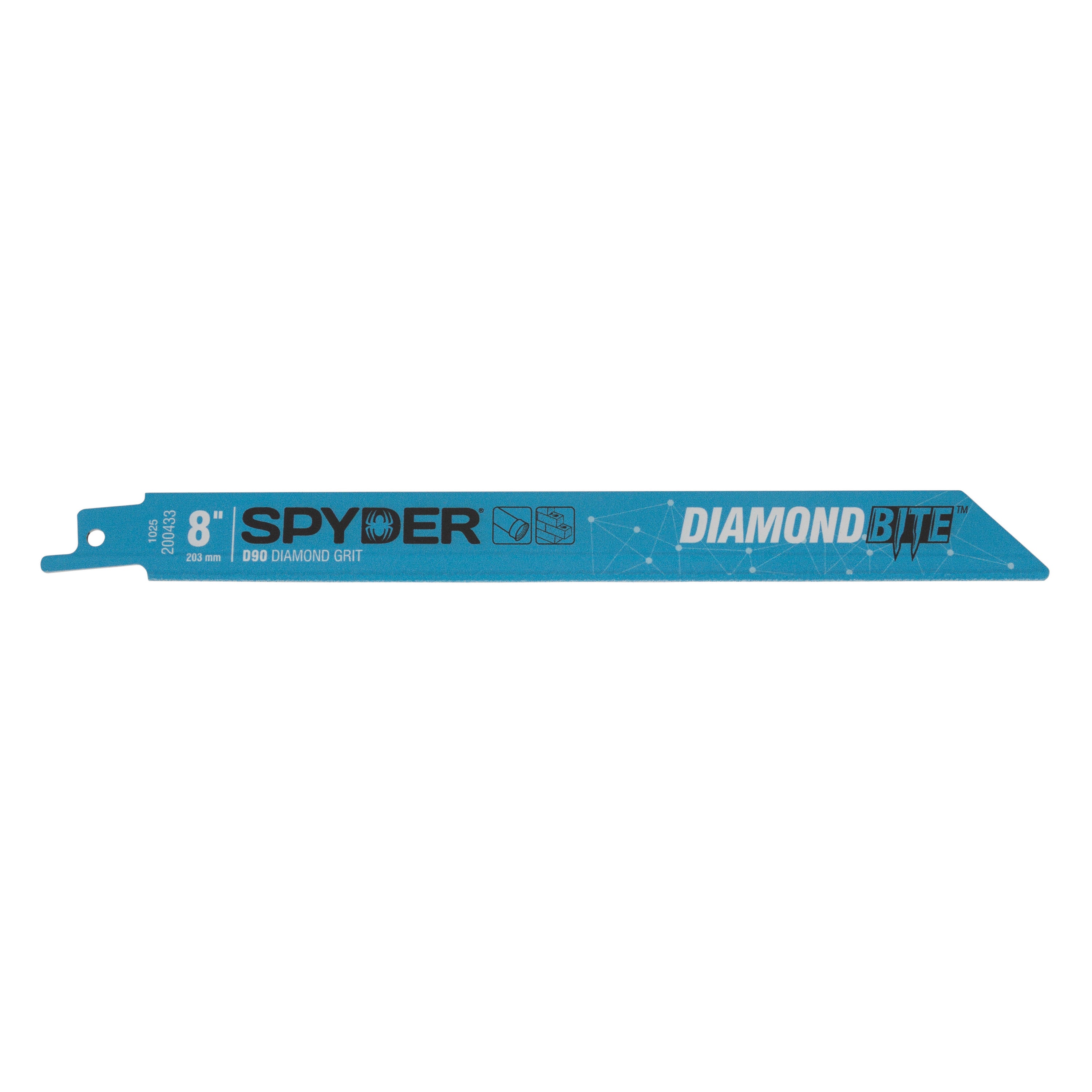 Blue 8-Inch reciprocating saw blade with Spyder and Diamond Bite™ branding on a white background