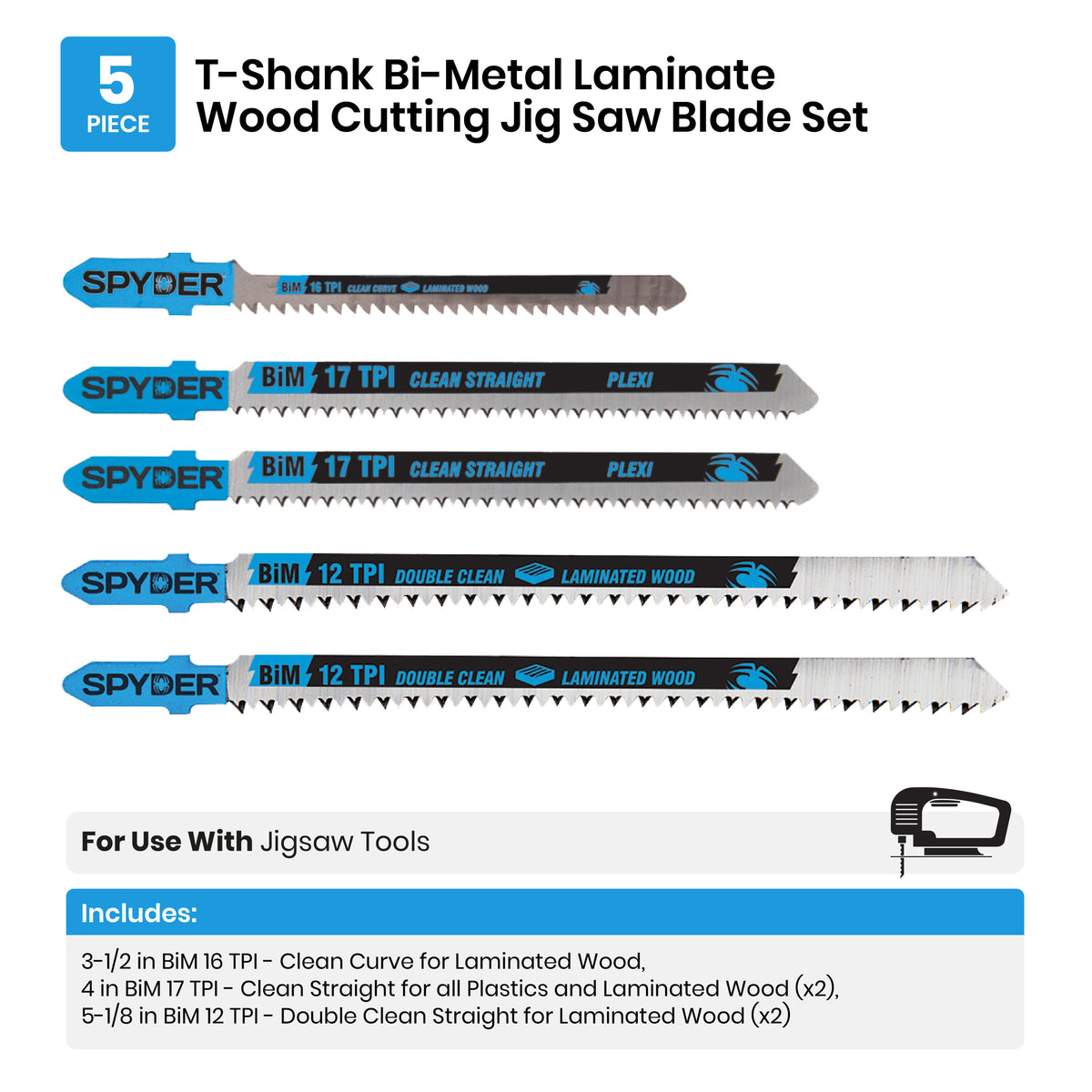 5-Piece T-Shank Bi-Metal Laminate Wood Cutting Jig Saw Blade Set