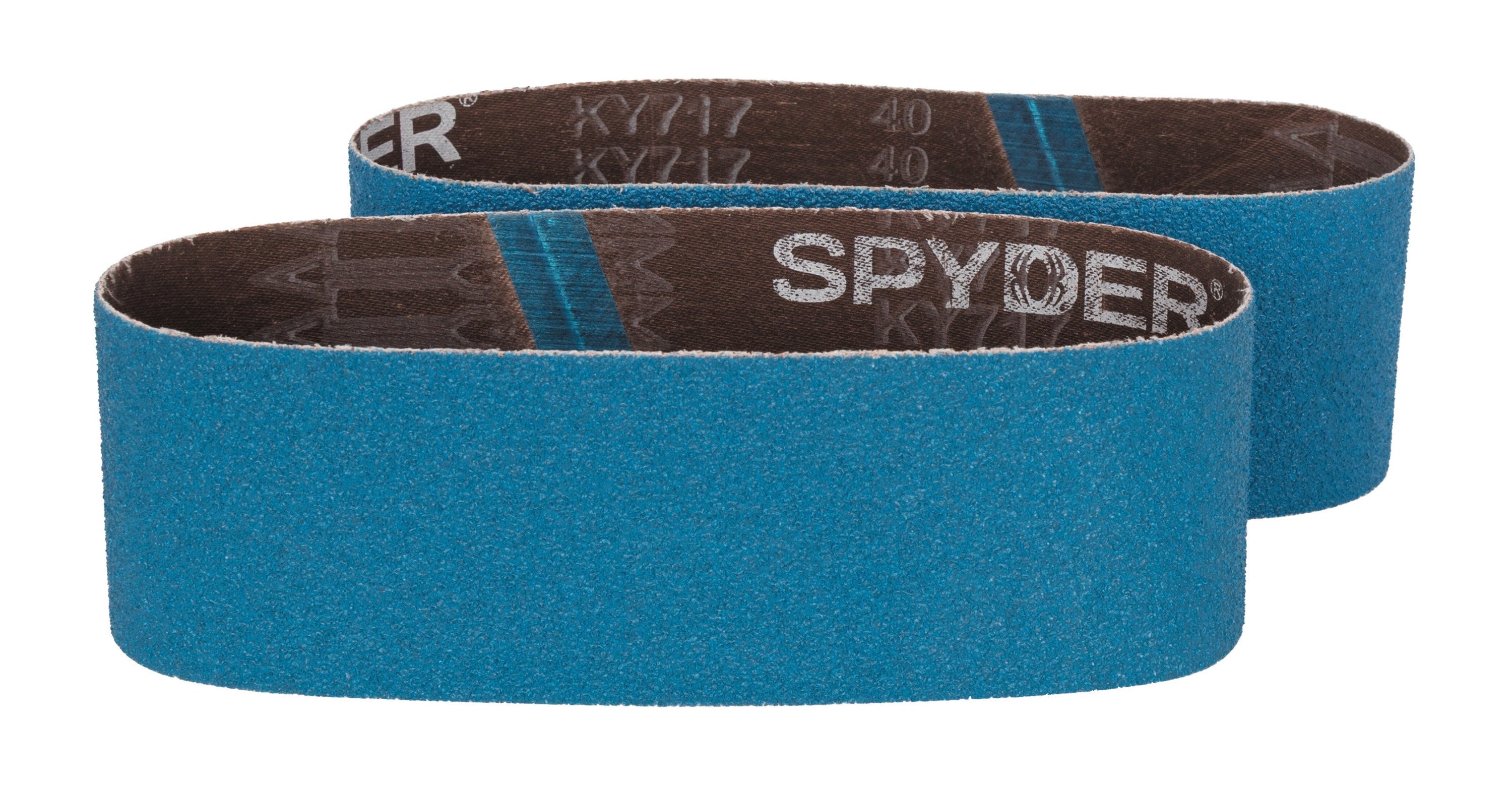 Two blue sanding belts with 'Spyder' branding on a white background