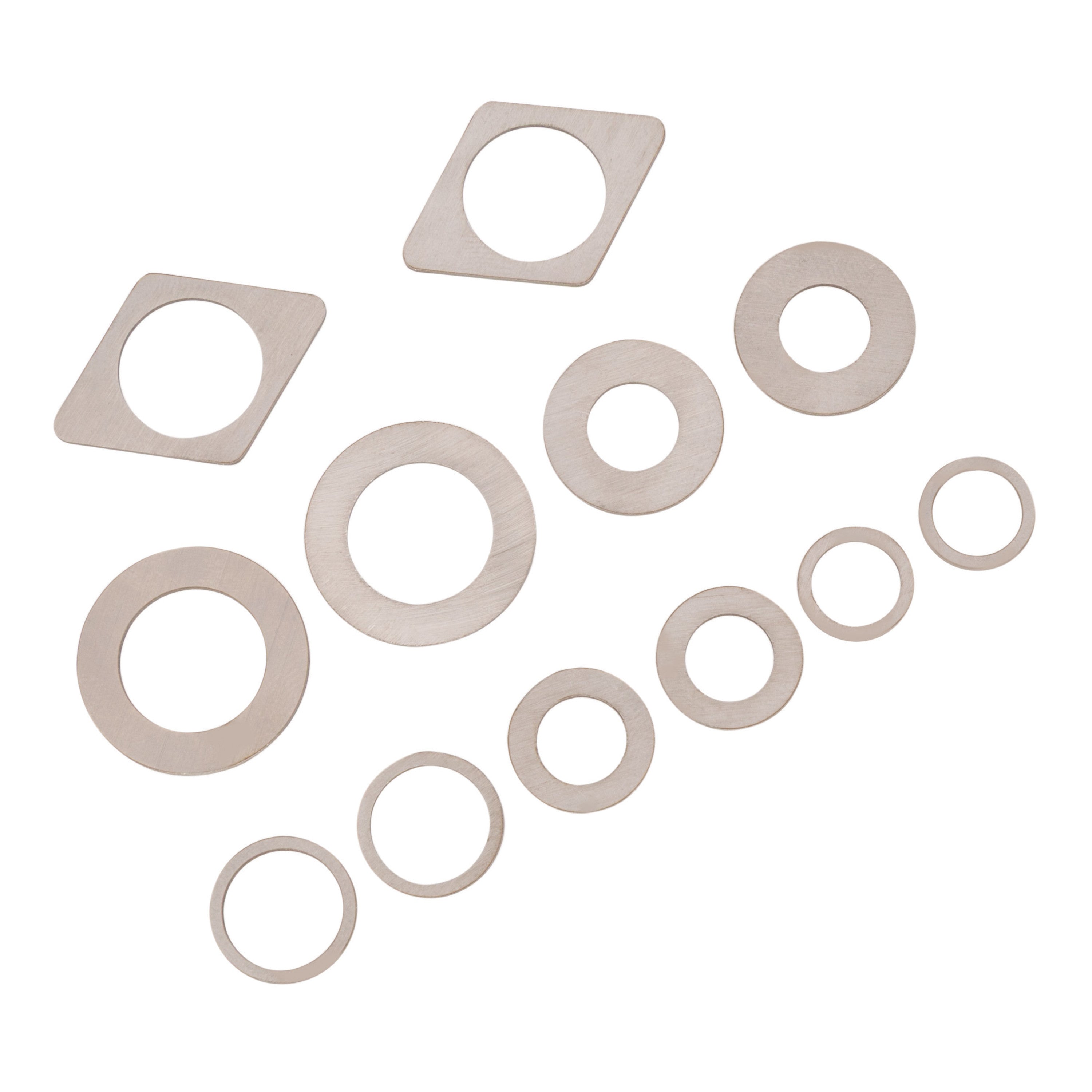 Set of Spyder metal circular saw blade arbor bushings on a white background