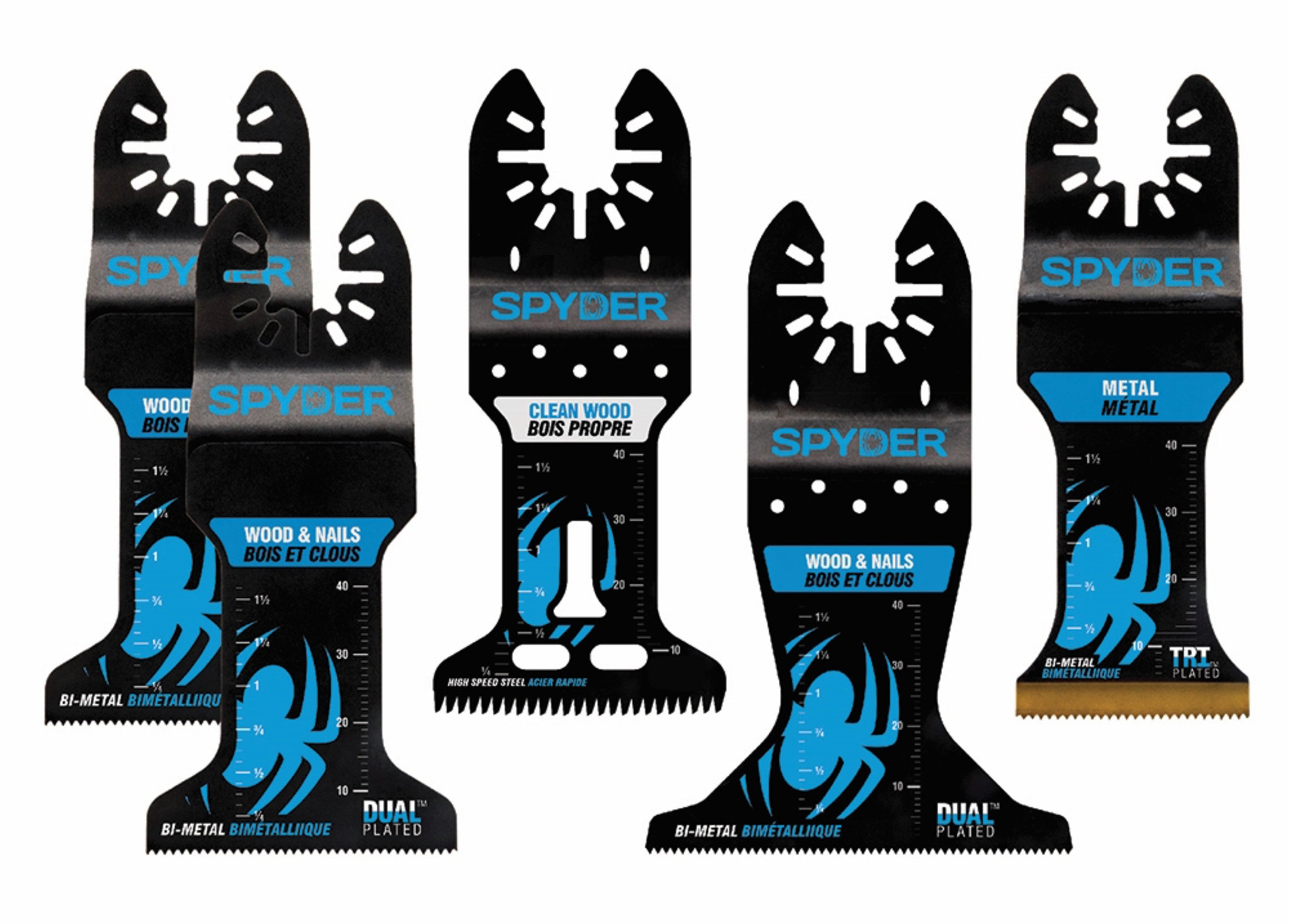 A set of five black and blue oscillating tool blades with 'SPYDER' brand markings, designed for wood and metal cutting.