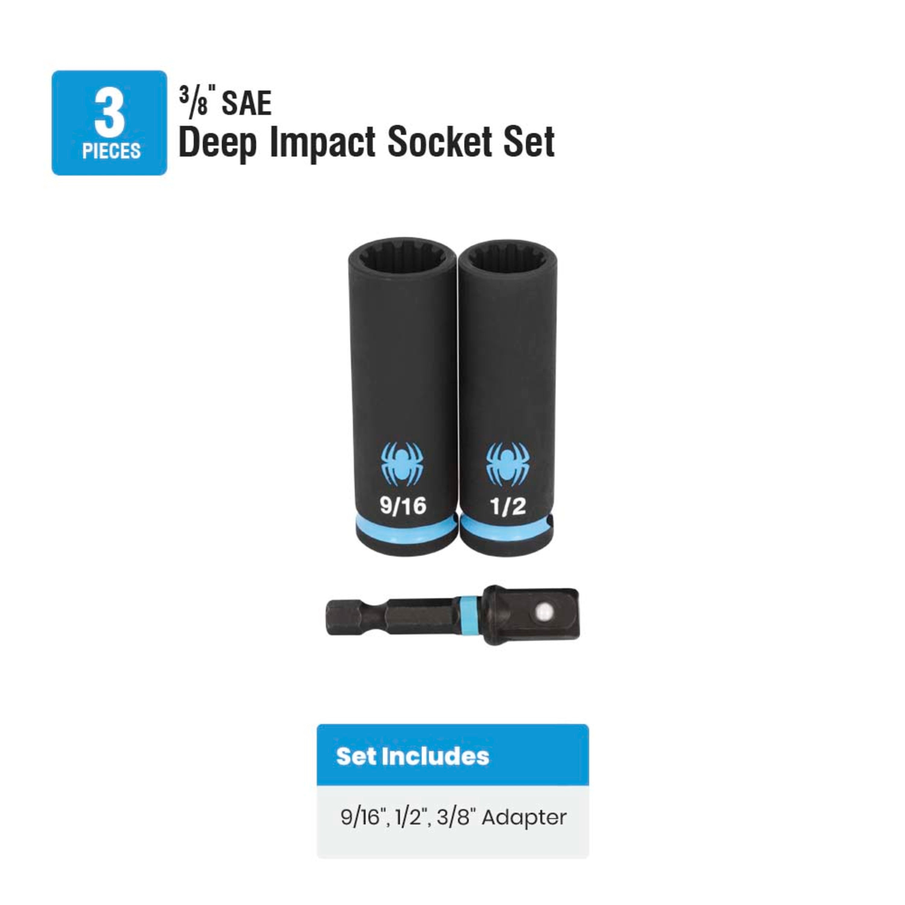 3-Piece 3/8" Drive Deep SAE Impact Socket Set with Adapter