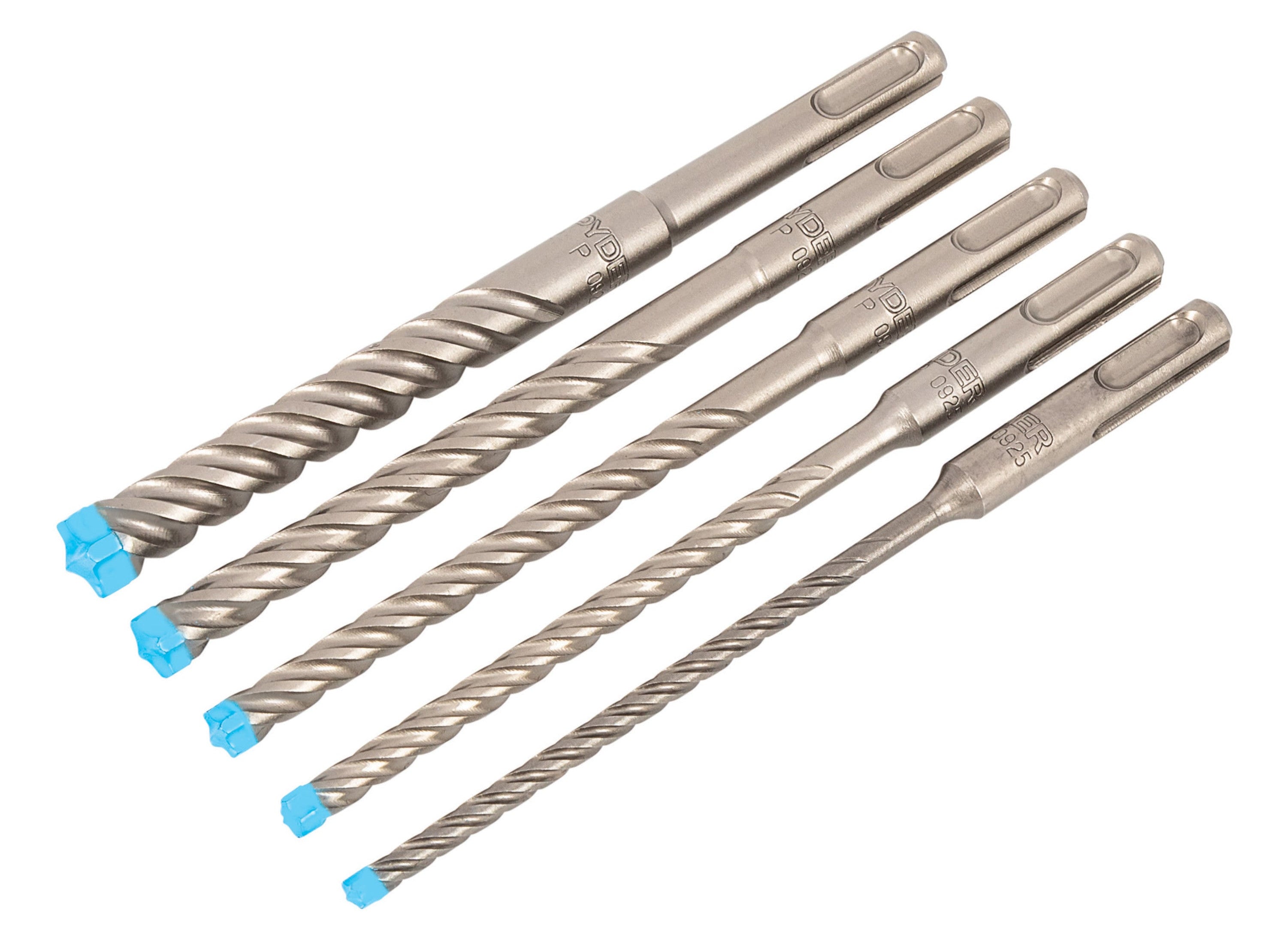 Five Masonry Drill bits with a blue tip on a white background