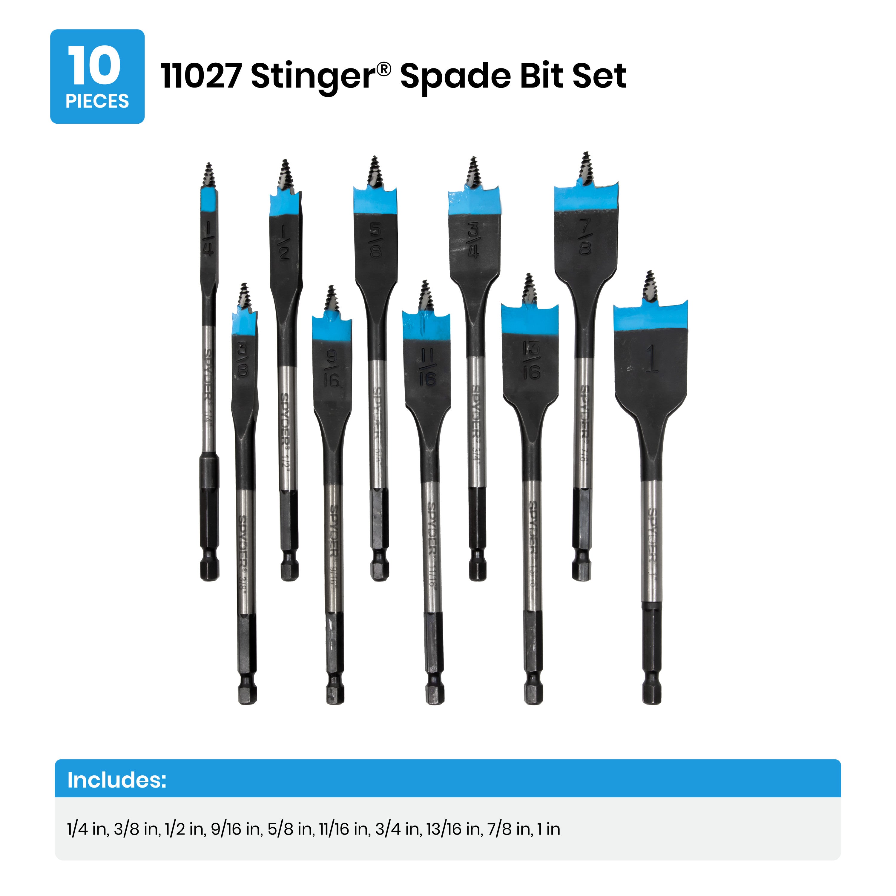 10-Piece Spade Bit Set (1/4, 3/8, 1/2, 9/16, 5/8, 11/16, 3/4, 13/16, 7/8, 1") Stinger®
