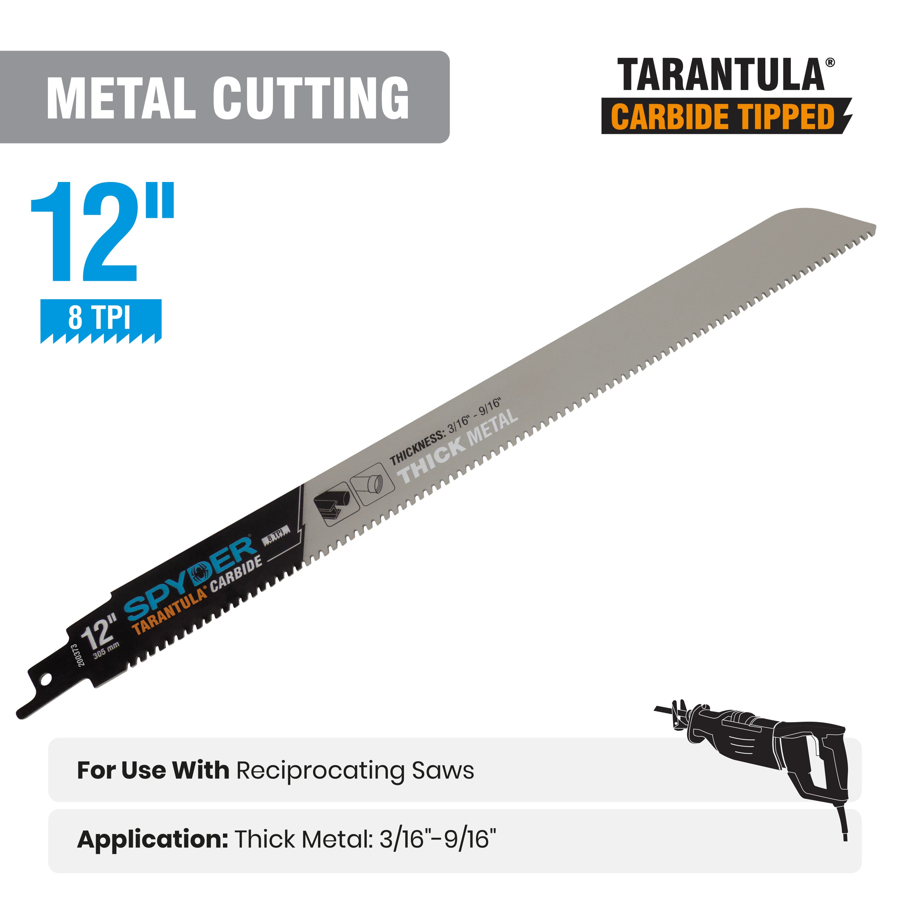12" 8 TPI Metal Cutting Carbide Toothed Reciprocating Saw Blade Tarantula®
