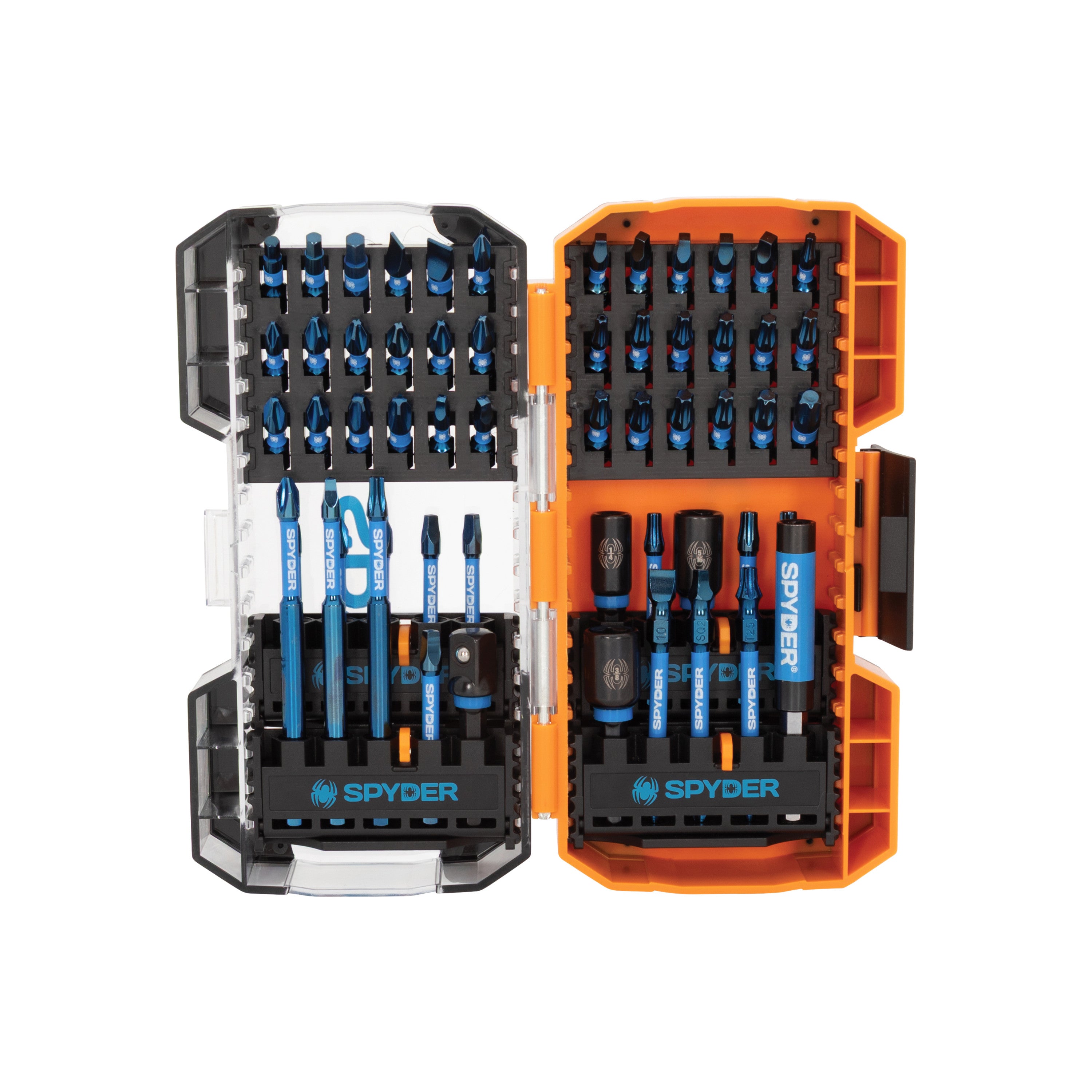 A set of Spyder 19965 impact driver bits in various sizes, displayed in an orange and black carrying case.