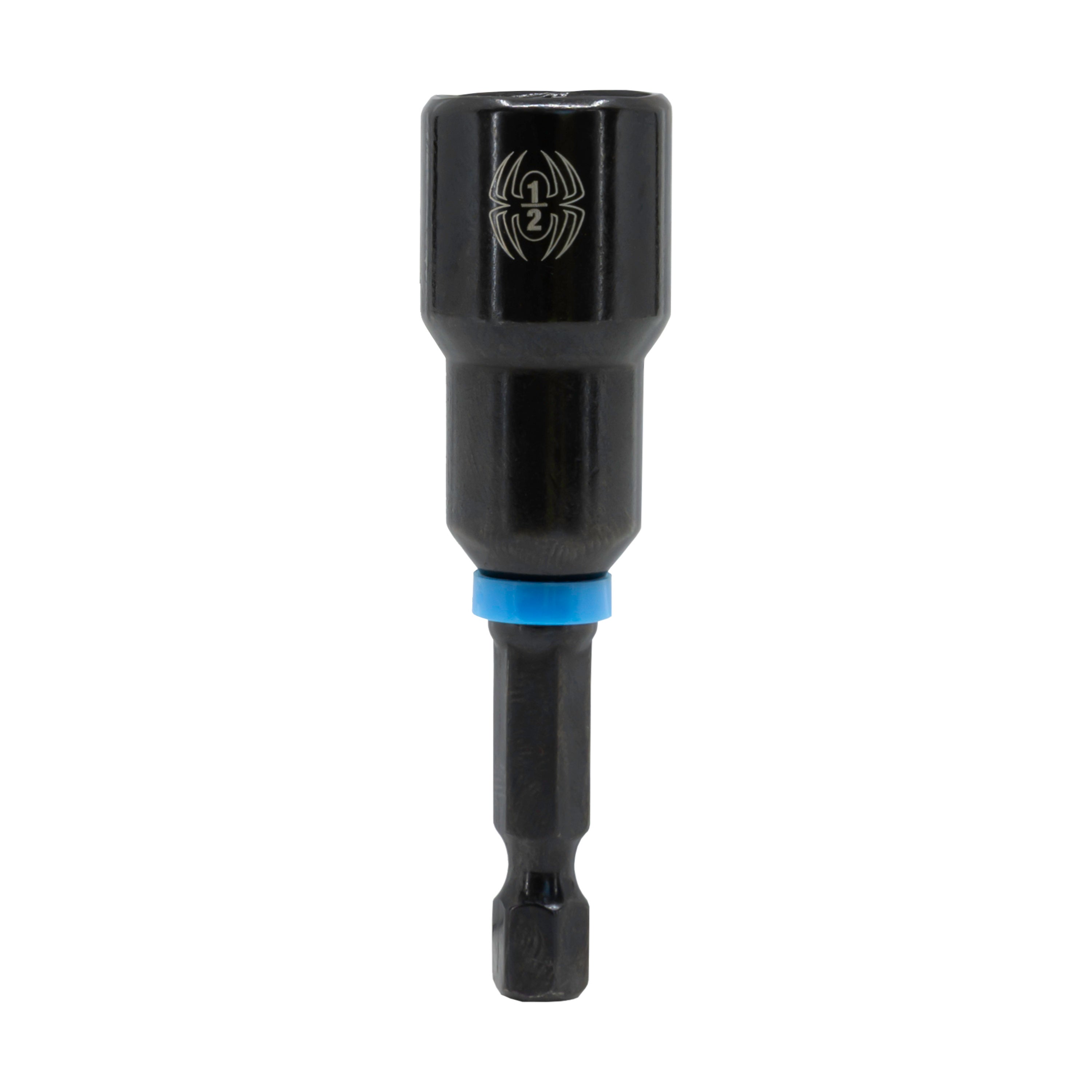 Black nut driver with a blue accent on a white background