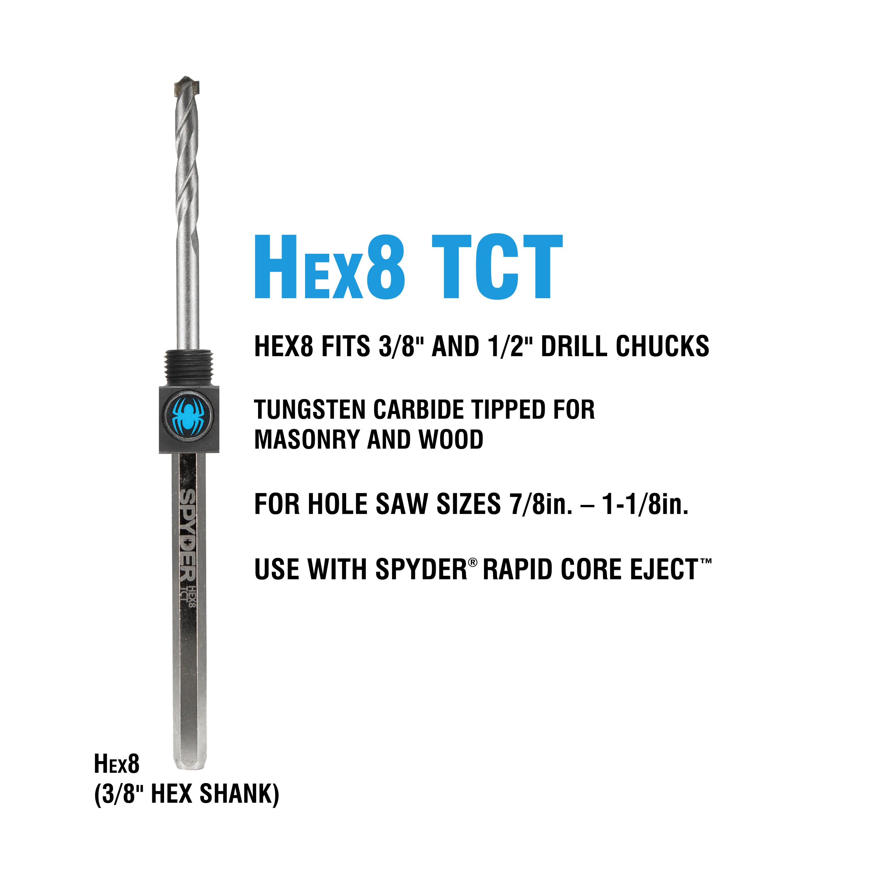 Hex8 3/8" TCT Quick Change Hole Saw Arbor Pilot Bit (10-Pack) Rapid Core Eject®
