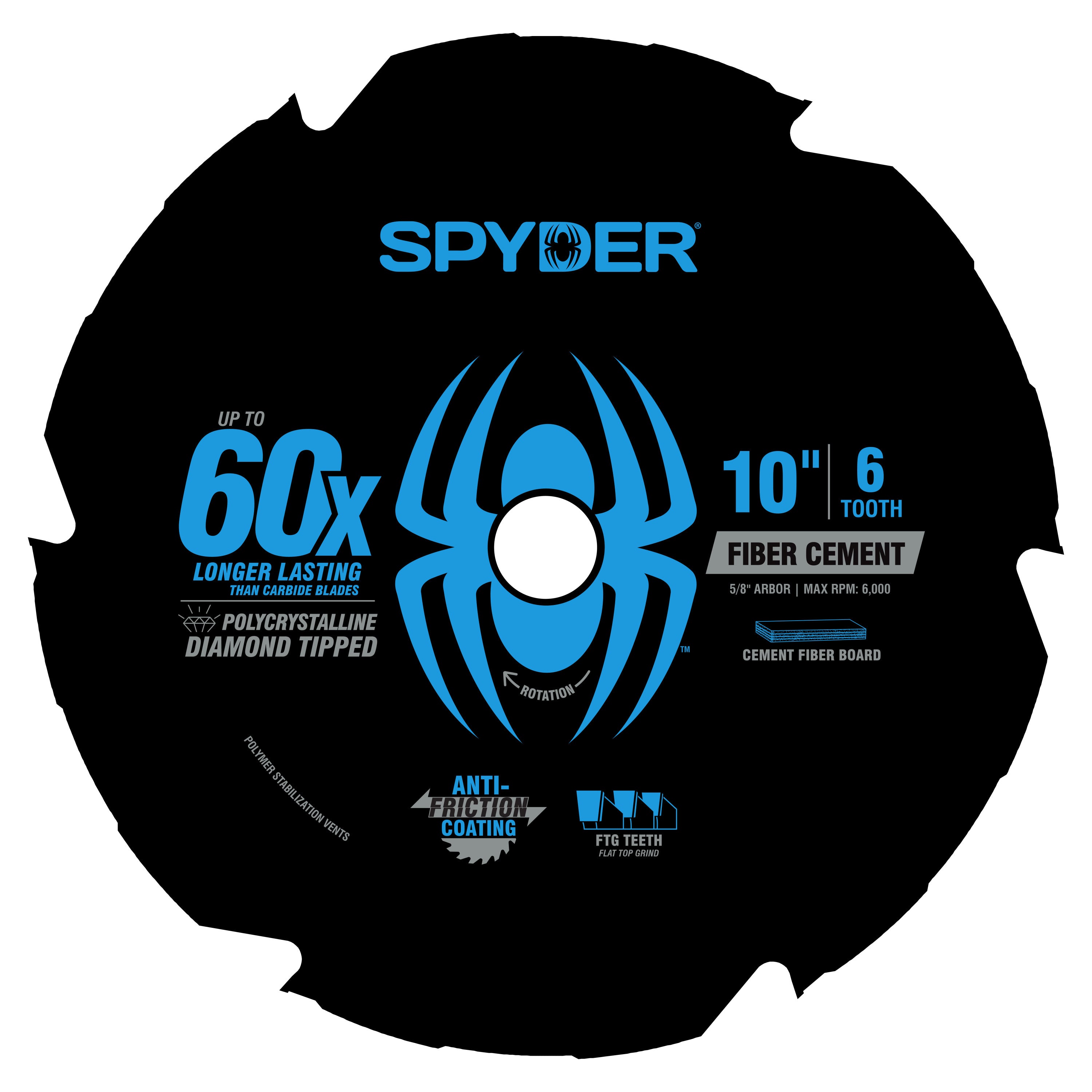 Spyder circular saw blade with blue branding and text on a white background