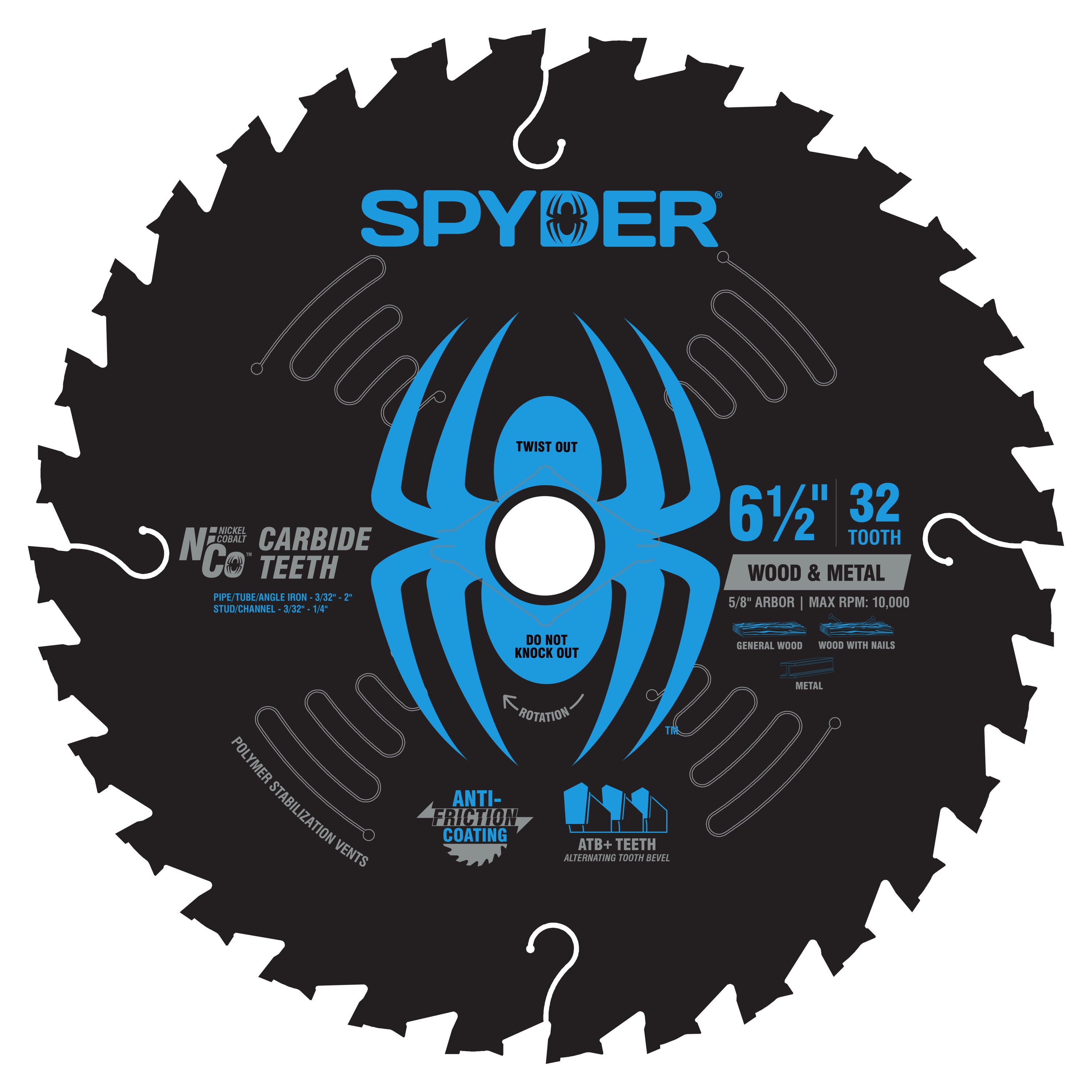 Spyder wood & metal circular saw blade with blue spider logo on a white background