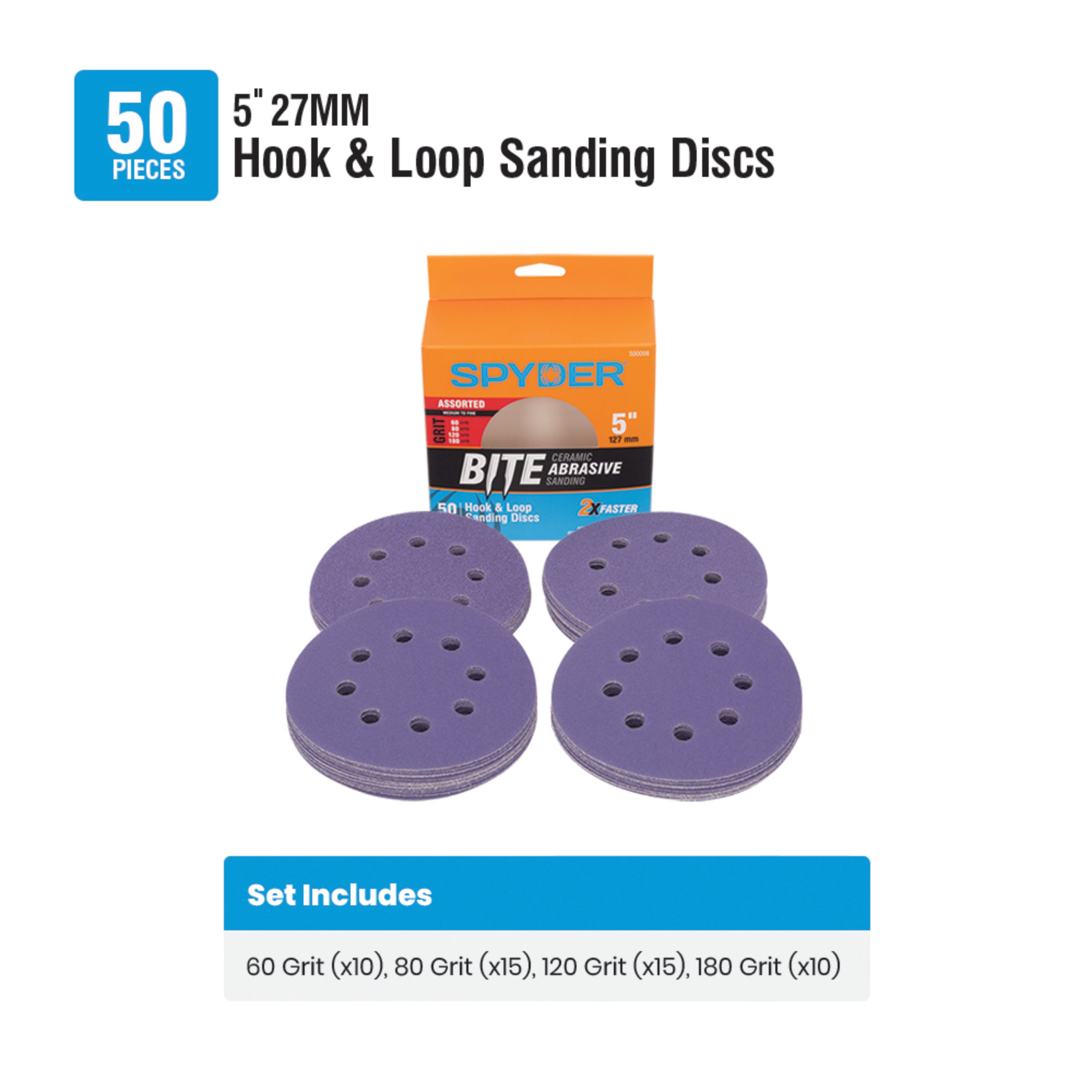 5" 8-Hole Ceramic Stearated Sanding Discs with Hook & Loop Backer, Assorted Grits (50-Pack)