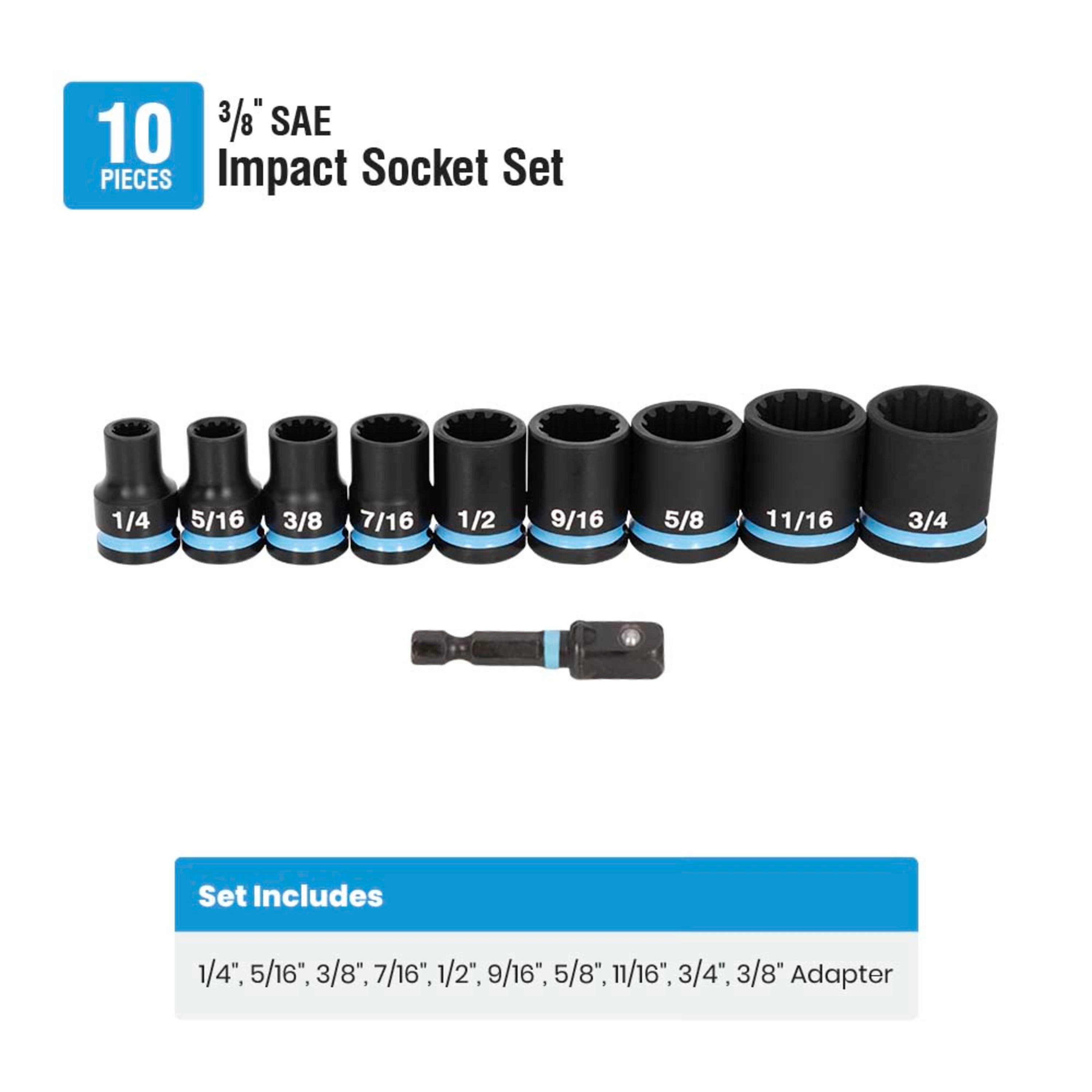 10-Piece 3/8" Drive SAE Impact Socket Set with Adapter