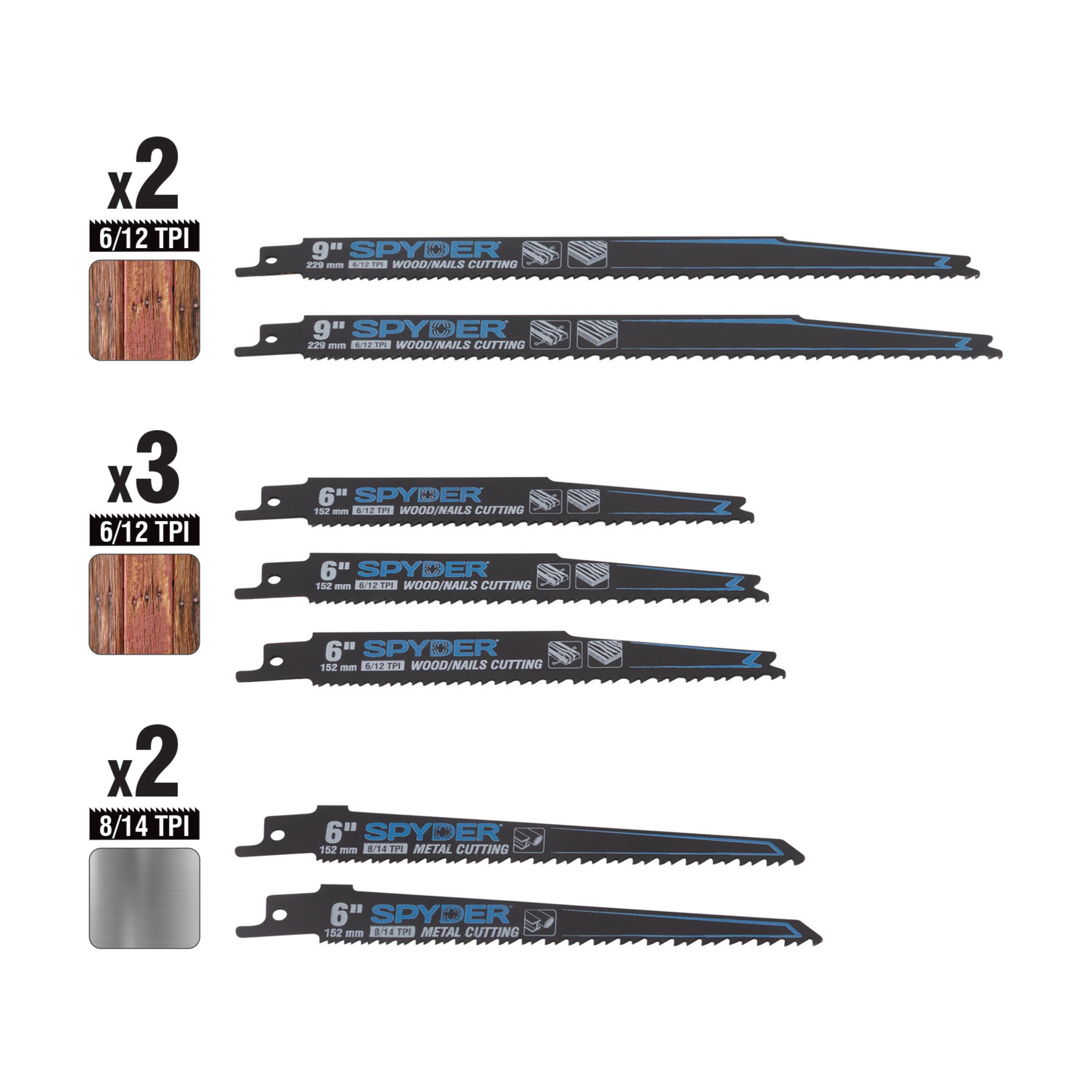 7-Piece 6 & 9" Bi-Metal Reciprocating Saw Blade Set (6-12, 8-14 TPI) Black Series™