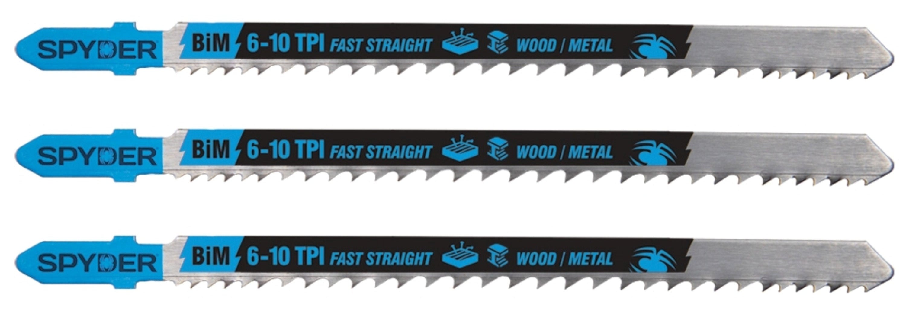 Three bi-metal coarse tooth jig saw blades with blue and black coloring and teeth visible, packaged together.
