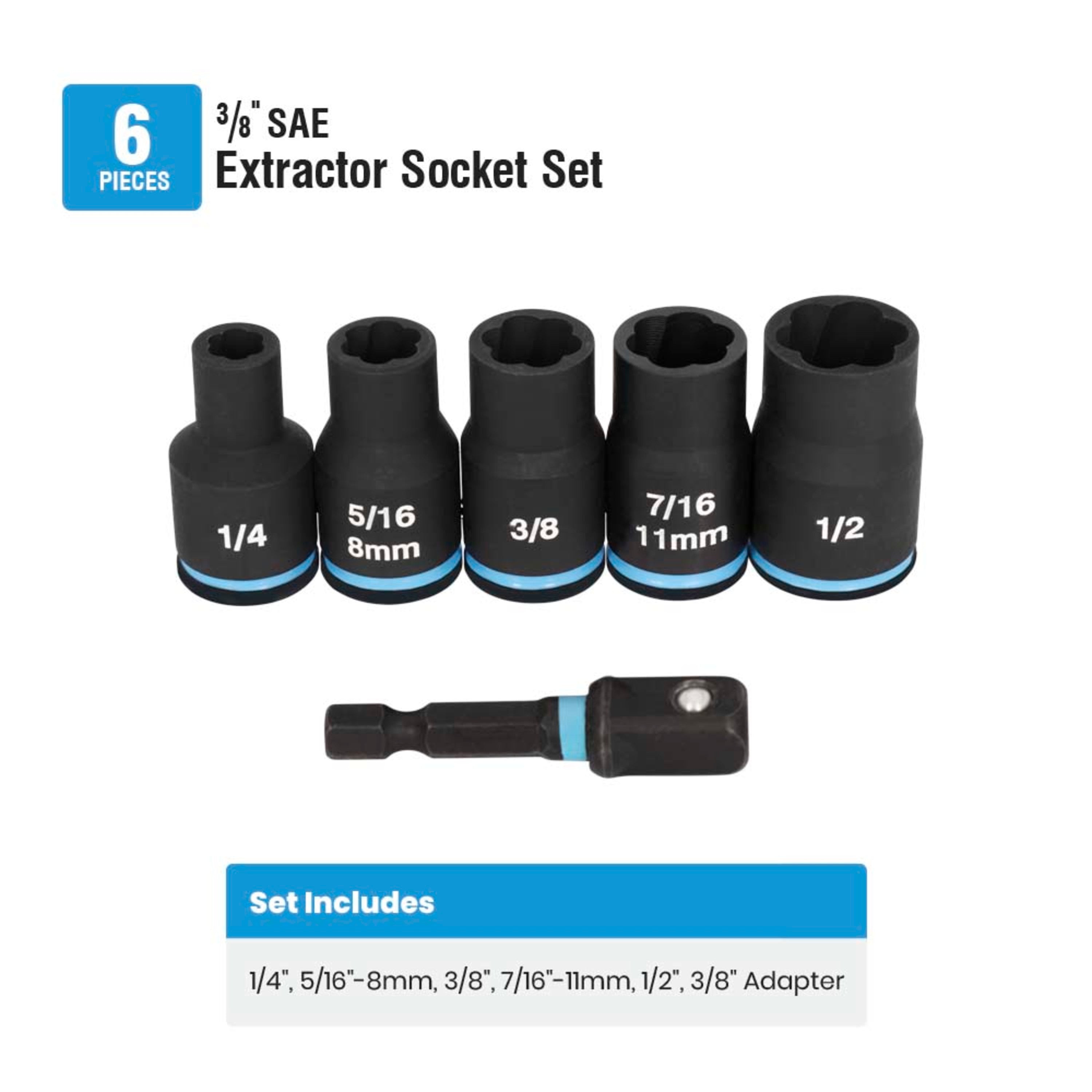 6-Piece 3/8" Drive SAE/Metric Extractor Impact Socket Set with Adapter