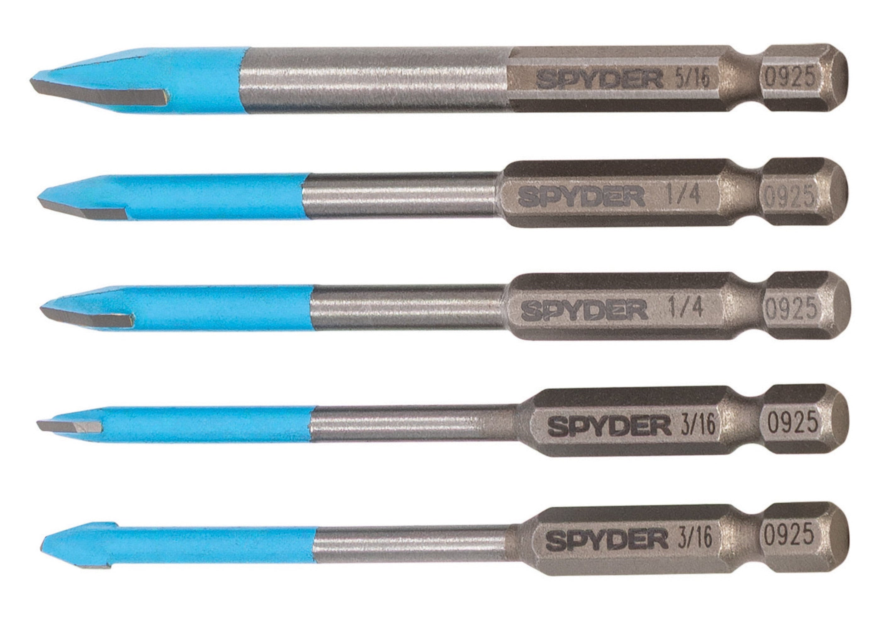 Set of five Glass & Tile bits with blue tips on a white background