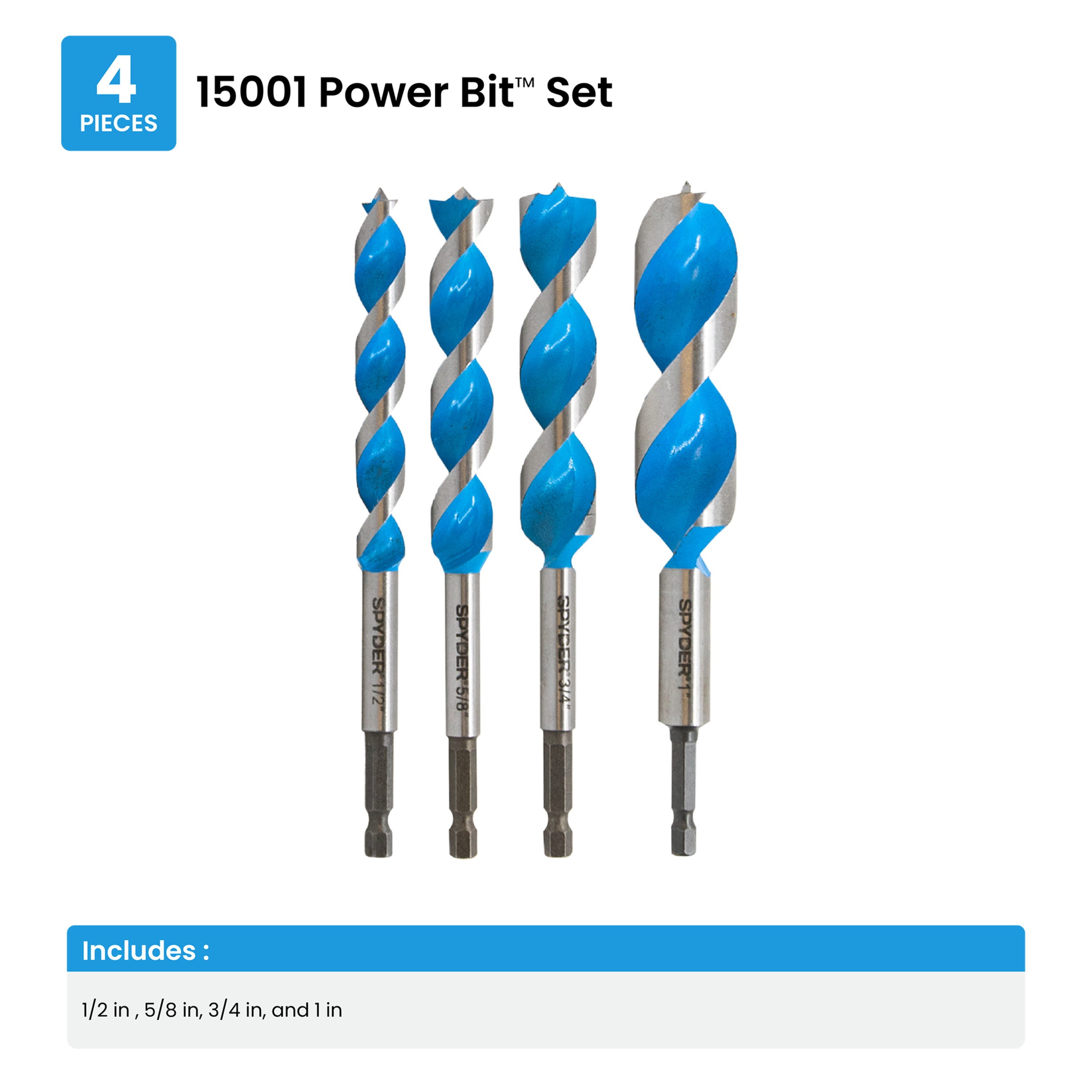 4-Piece Woodboring Power Bit Set (1/2, 5/8, 3/4, 1") Stinger™