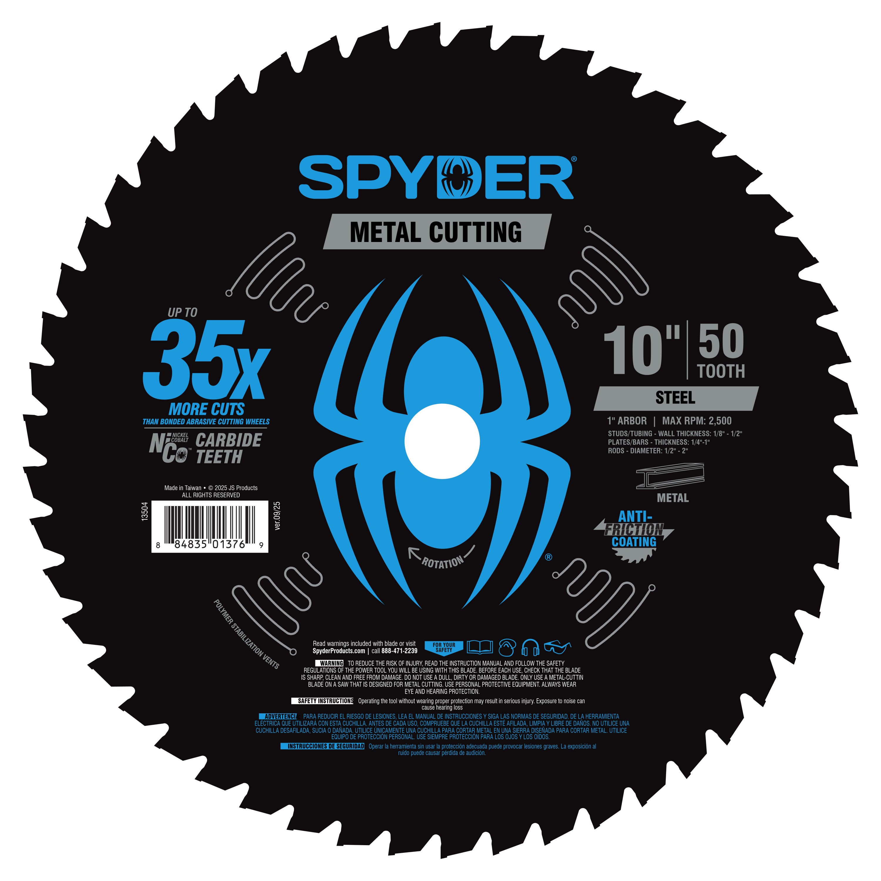 Hoja de sierra circular Tarantula™ de 10" con 50 dientes para cortar acero TCT