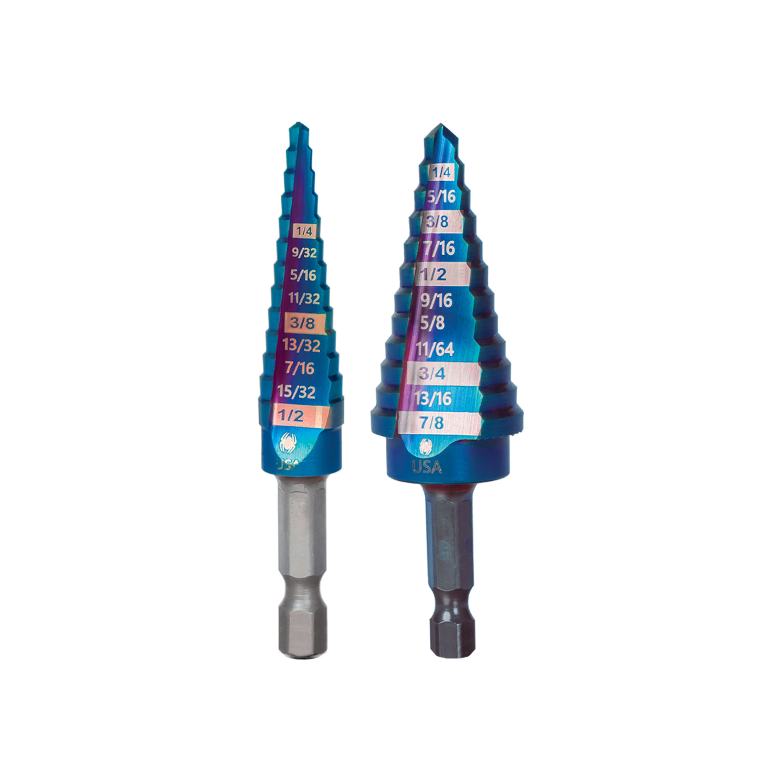 2-Piece Hex Shank 13 & 12 Step Drill Bit Set (1/8 to 1/2" & 3/16 to 7/8") Stinger™ Mach-Blue™