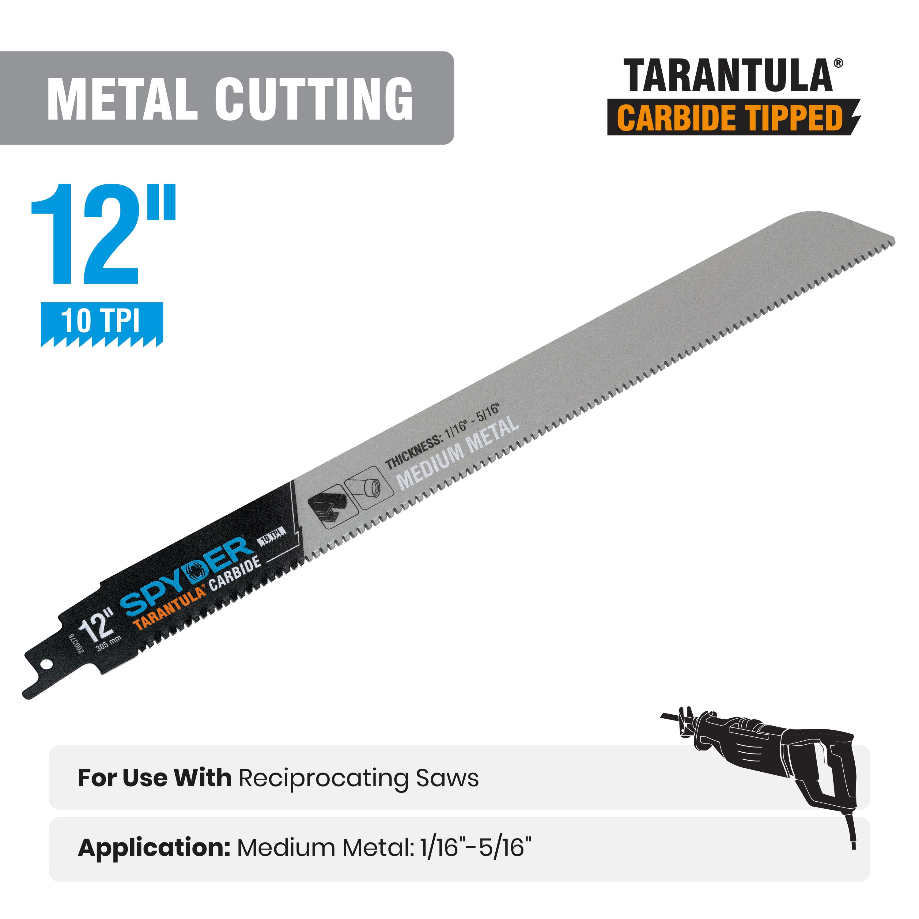 12" 10 TPI Metal Cutting Carbide Toothed Reciprocating Saw Blade Tarantula®