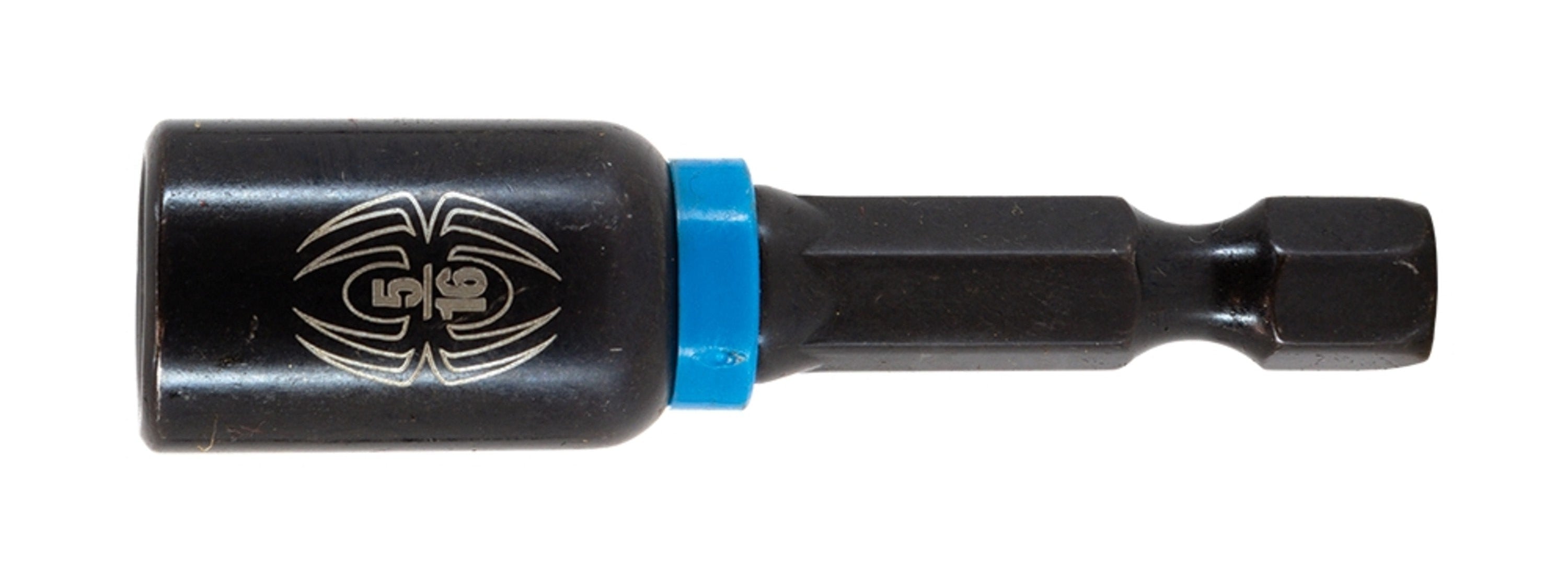 A black magnetic impact nut driver with a blue ring near the base and a spider logo on the side.