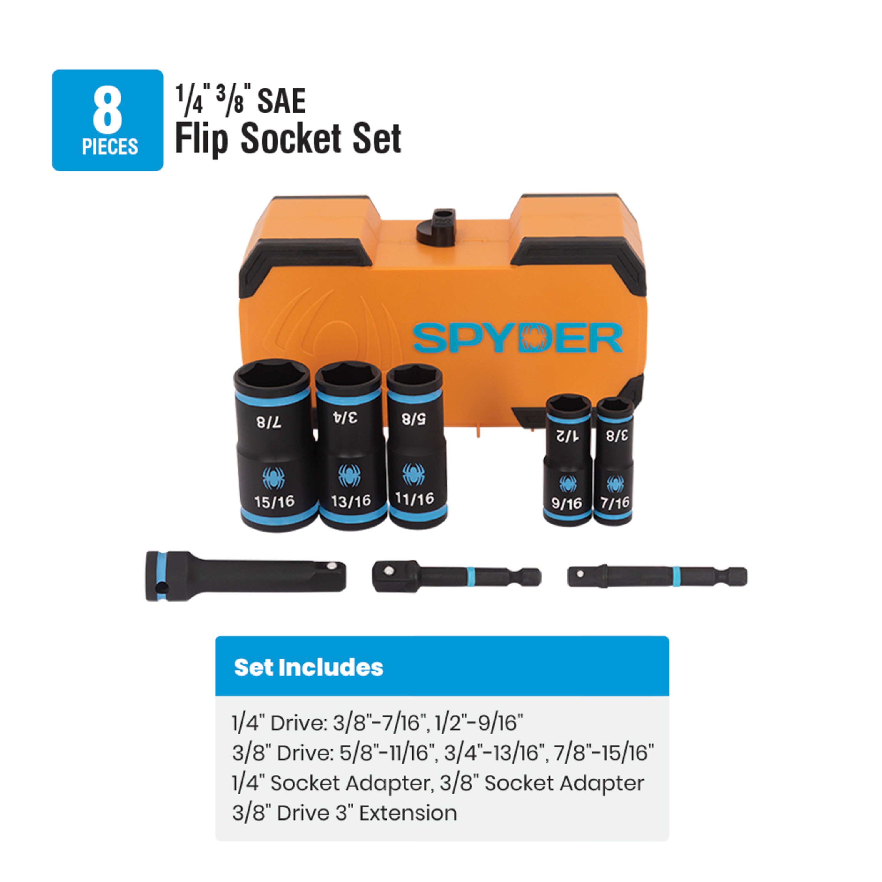 8-Piece 1/4 & 3/8" Drive SAE Flip Socket Set with 3" Impact Extension & 2 Impact Adapters