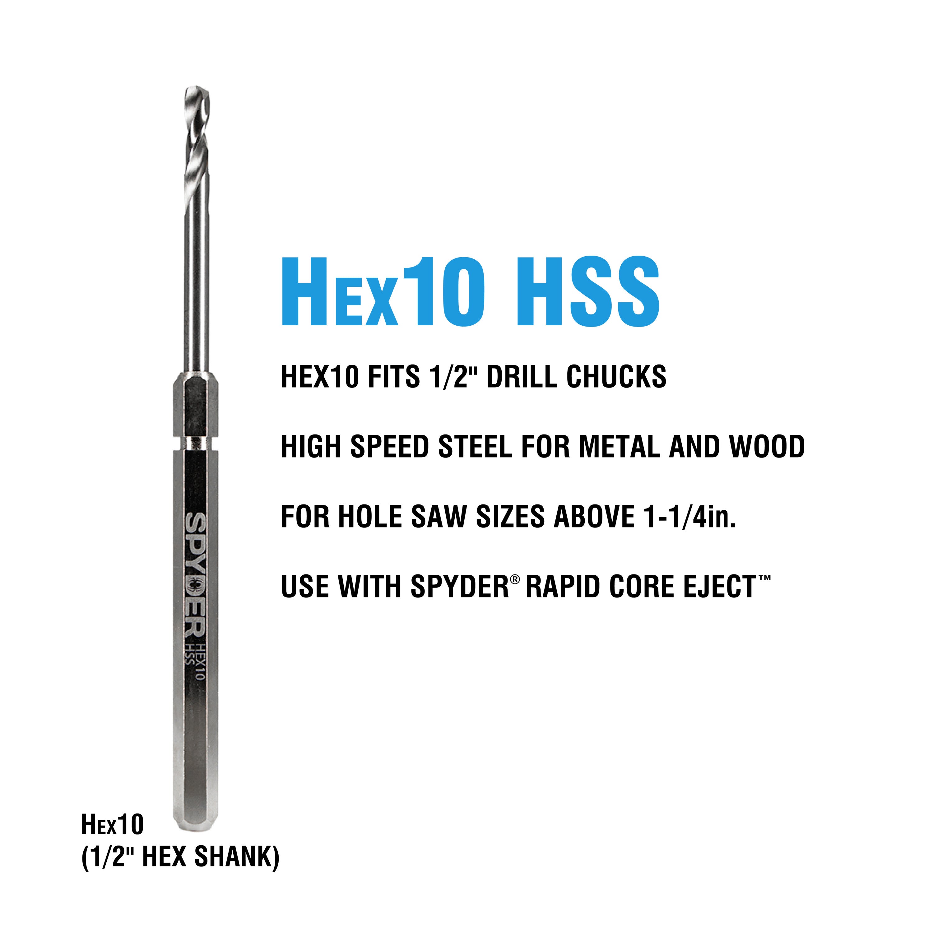 Hex10 1/2" HSS Quick Change Hole Saw Arbor Pilot Bit Rapid Core Eject®