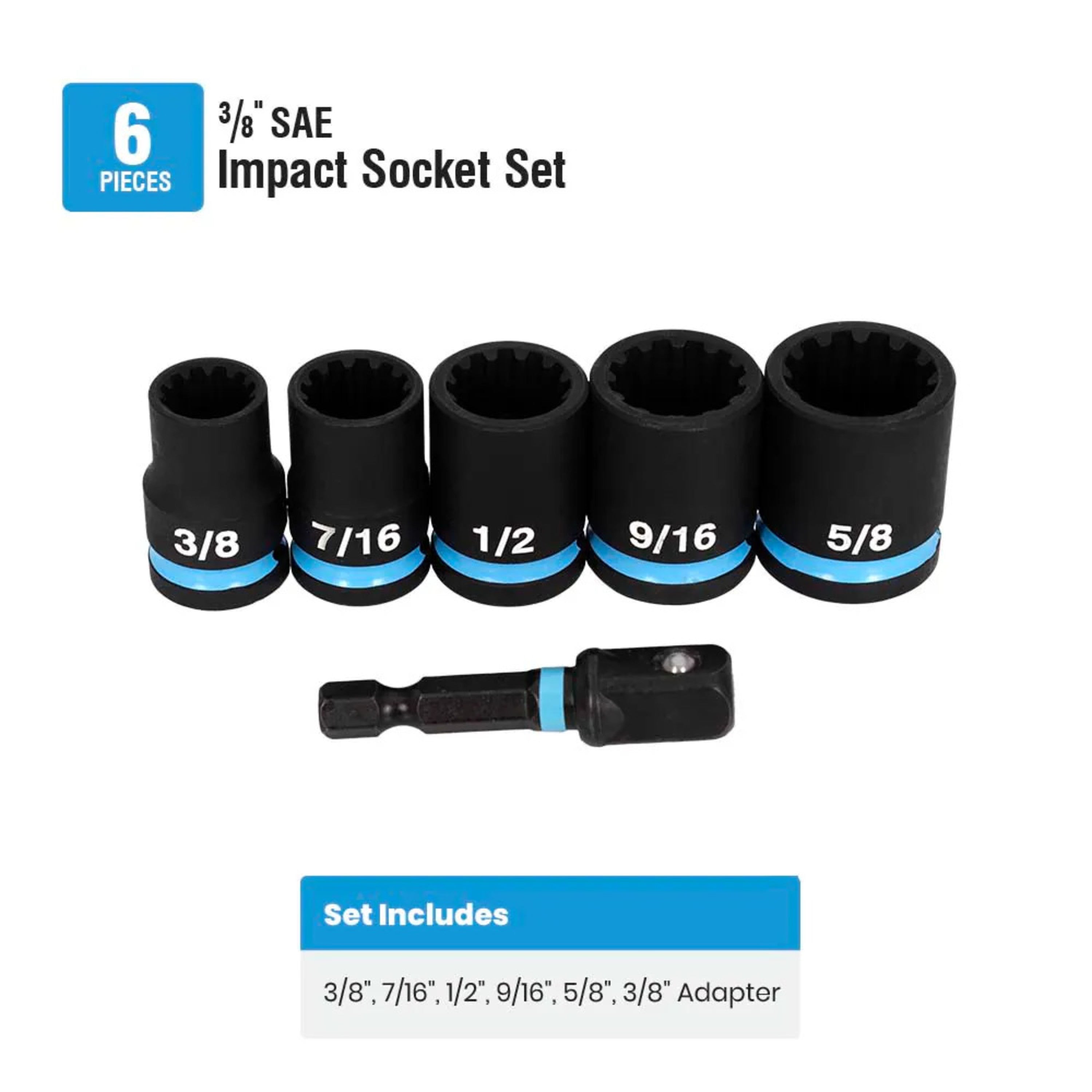 6-Piece 3/8" SAE Impact Socket Set With Adapter